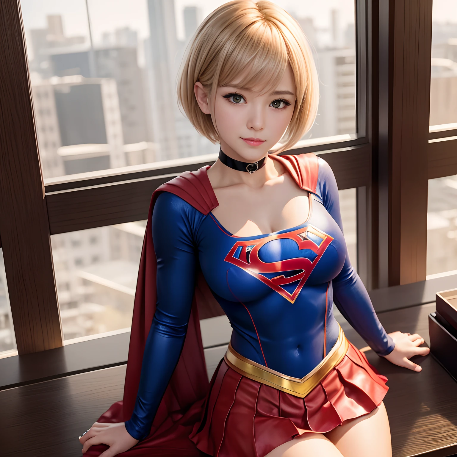 Best Quality,4K,8K,hight resolution,masutepiece:1.2),Ultra-detailed,Realistic:1.37,Super masterpiece,Short-haired Supergirl straddling a school desk seduces、large full breasts、Looking at the camera、Glossy costume、shiny bright red skirt、Shortcloak、a choker、estrus、Cowgirl、Trance、Fayue、enjoyment、The sheen、showy、
