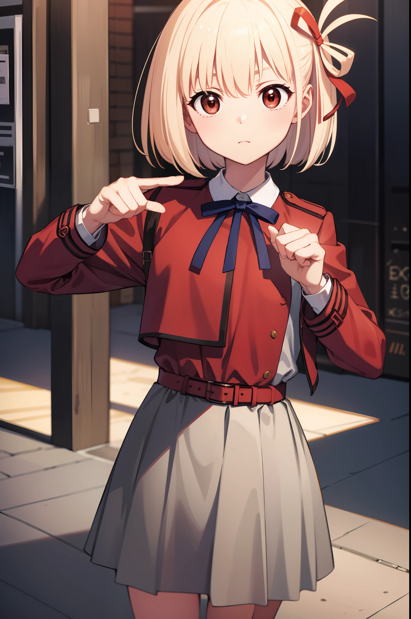 chisatonishikigi, nishikigi chisato, short hair, bangs, Blonde Hair, (Red eyes:1.5), hair ribbon, One side up, Bobcut,Black knee-high socks、Black coin loafers、
break shirt, Long sleeve, dress, ribbon, White shirt, Collared shirt, belt, neck ribbon, red dress, blue ribbon, pleated dress, grey dress, two-tone dress, red belt, Uniform sake,,
break outdoors, city,
break looking at viewer, break (masterpiece:1.2), highest quality, High resolution, unity 8k wallpaper, (figure:0.8), (Beautiful fine details:1.6), Highly detailed face, Perfect lighting, Highly detailed CG, (Perfect hands, Perfect Anatomy),