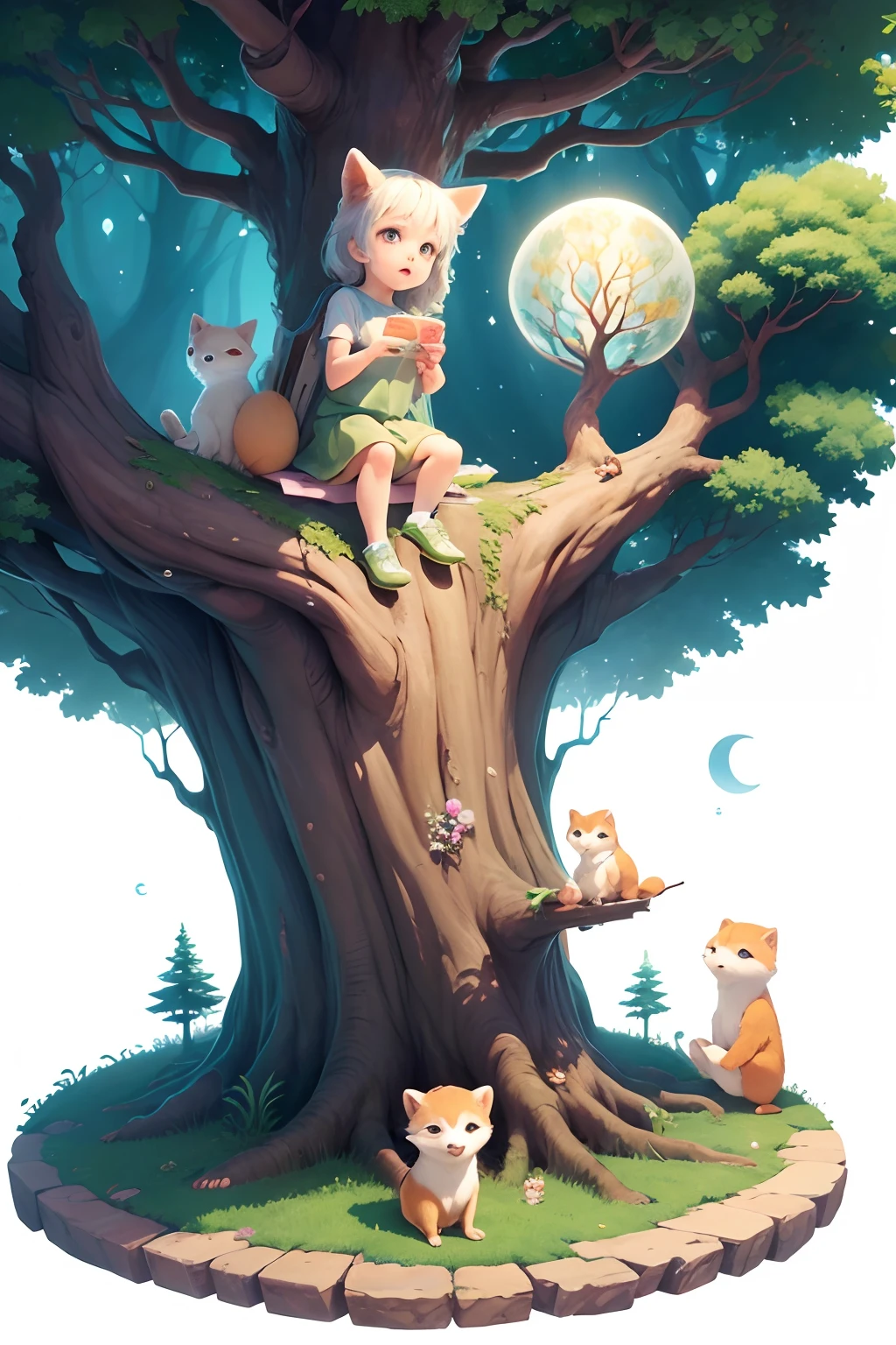 The Mystery of the Tree of Imagination, various poses and expressions on white background, children's book ilustration style, simples, fofo, cores, Tim e Lisa, Two curious 6-year-olds. em forma de anime, cenas do livro