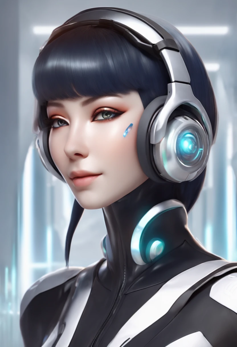 Holographic virtual character smiling, olhando para o lado, fundo branco, estilo futurista, with futuristic headset, futuristic shoes, cabelos pretos e curtos, appearance of Hinata from the Naruto anime