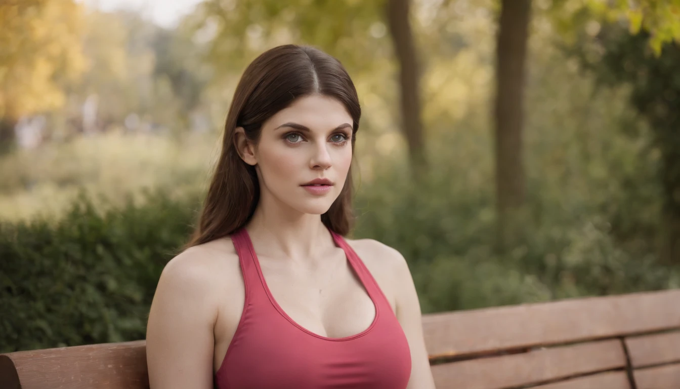 Real photo Alexandra Daddario Amazing beautiful woman in a beautiful park dressed in gym clothes sitting on a bench, (big tits:1.5) detailed body, agfa vista (masterpiece:1.4) (photorealistic:1.6) (bokeh) (best quality) (in a beautiful park) (intricate detail) (8k) (HDR) (gradient film) (Canon D5) (cinematic lighting) (sharp focus) (cinematics) (realistic v3)