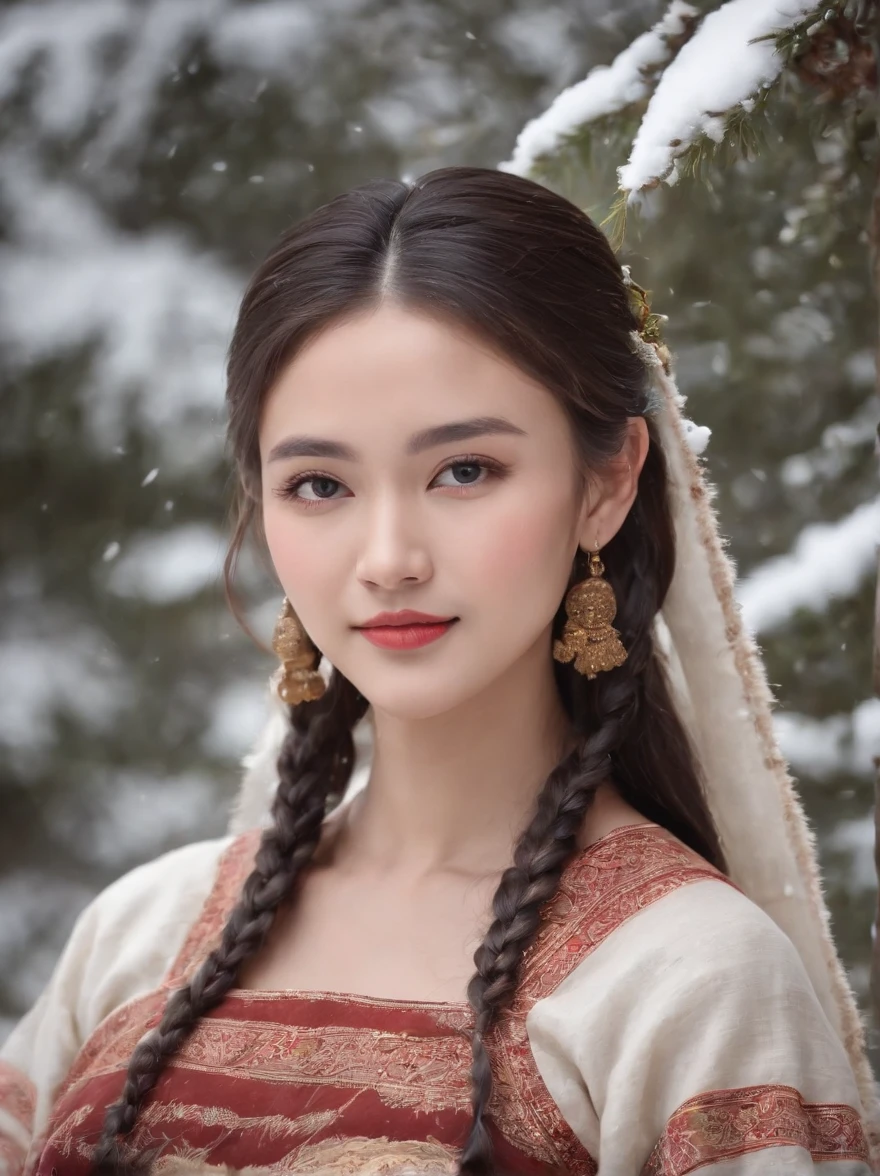 A beautiful girl, big eyes ,very cleanand delicate face, soft and delicate face lines, smiling, optimistic and confident, beautiful long braids, Wear some traditional rich Tibetan ornaments, flowers and beads,side face, side view, long shot,  very delicate facial features, In the snow,upper body