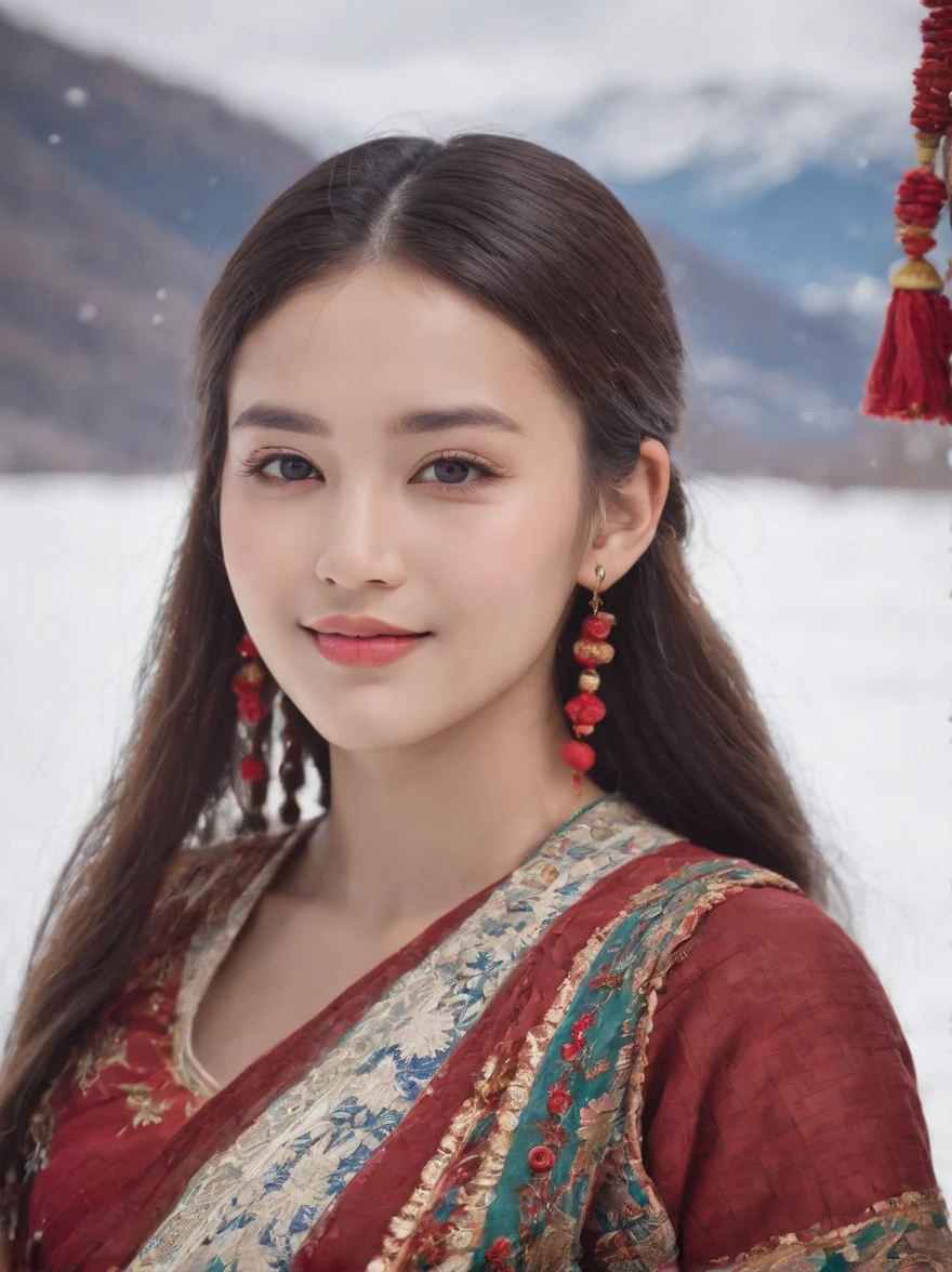 A beautiful girl, big eyes ,very cleanand delicate face, soft and delicate face lines, smiling, optimistic and confident, beautiful long braids, Wear some traditional rich Tibetan ornaments, flowers and beads,side face, side view, long shot, very delicate facial features, In the snow,upper body