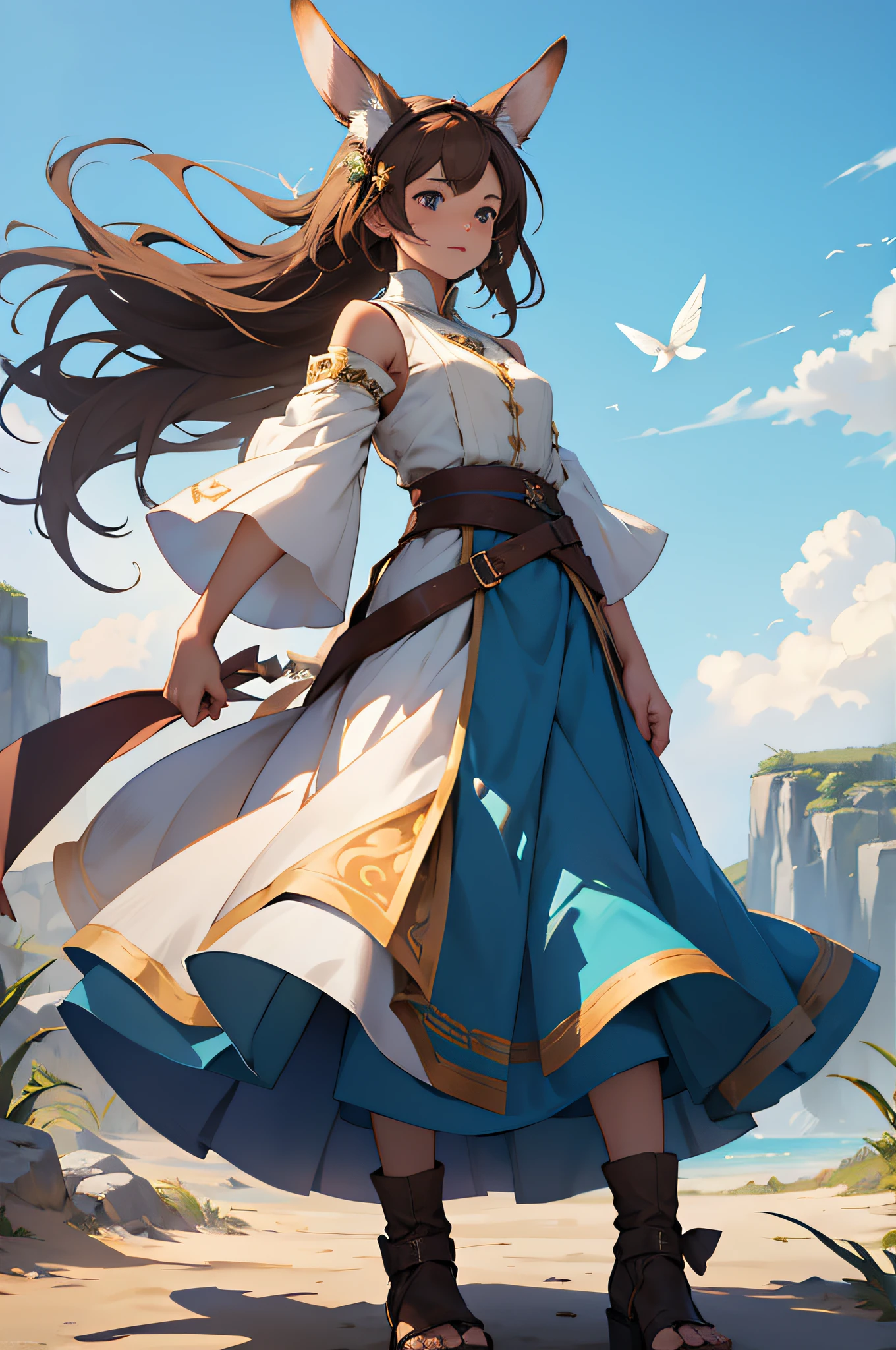 {{high-level image quality}}、Game Characters、Sorcerer、rabbitears、Hair fluttering in the wind、Brown hair color、Long skirt、full bodyesbian