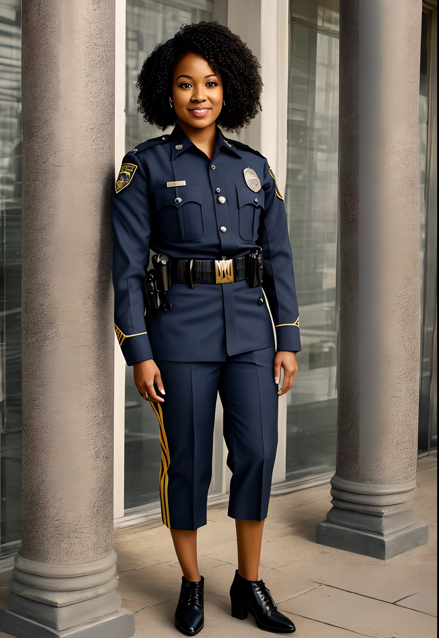 a full body photo of a beautiful black woman with shoulder length straight brown hair light brown eyes wearing tight dark blue police uniform with sergeant stripes gold police badge citation bars above the badge