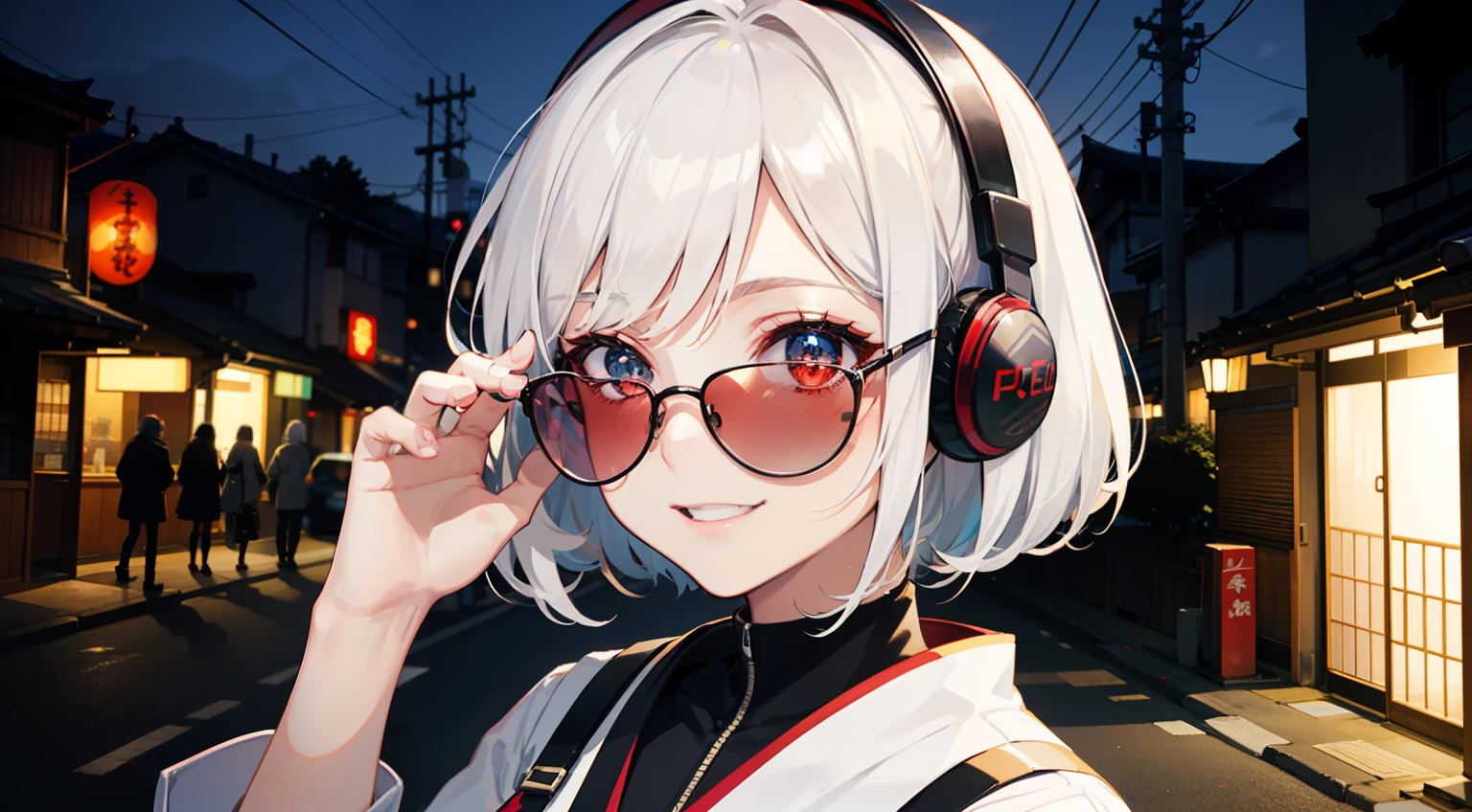 Red LED Female Illustration Profile,A sexy,Hairstyle Short Bob,Colored Sunglasses,White hair,Wear overhead headphones, A smile、front-facing view, Background of Japan in Tokyo, natta,night scene,Provector, high detailing, Vibrant, Japan hologram symbol, Barcode Design, 4K, nffsw, masutepiece