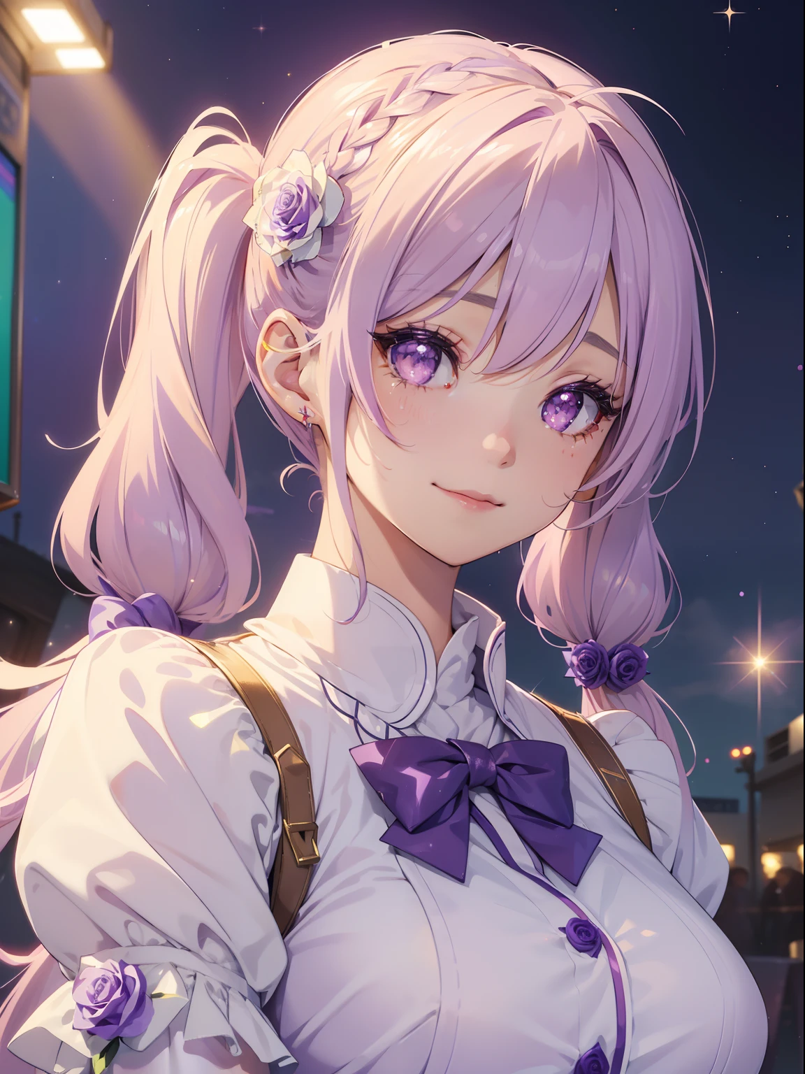 masutepiece, High resolution, 8K, anime woman, Delicate and detailed writing 、Detailed digital illustration、(((Straight pigtail)))、Shiny hair、Bangs、a very beautiful woman、Eyes are double, Large, (((Bust is an A cup)))、High image quality, High quality、Detailed background、(((Cute uniform in white and lilac color)))、The inside of the eye shines like a diamond、Light purple hair、Gradient pupil、(((2 arms、4 fingers, 1 thumb)))、Detailed female face、Very beautiful and cute woman、、细致背景、​masterpiece、Soft Focus , Bright gradient watercolor , Lens Flare , (((Glitter))) , Glow , Dreamy , Light Purple Ribbon、(((Very Beautiful Light Purple Rose Hair Accessories)))、Light purple and gold uniform with white as the main color、、yawning being、Big smile、rainbows、(Baseball Uniforms:1.2)、(((Throwing the ball)))