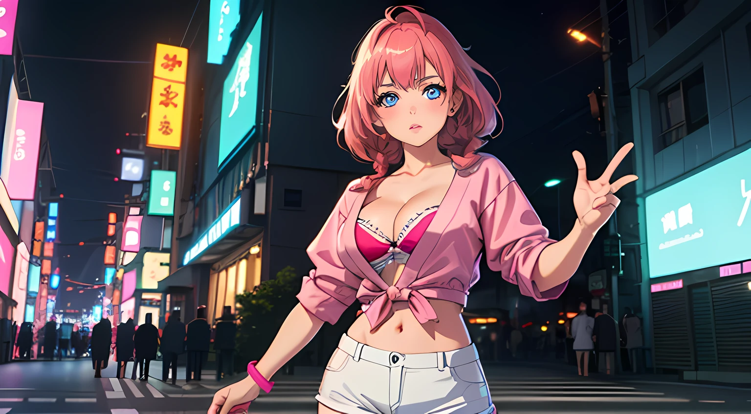 1girl, ((adorable,beautiful)), japan girl, perfect body, blush, Braided Half-Up Princess Hairstyle, red hair,
fit white shirt, cleavage, short pants, shine lips,((detailed eyes)), perfect body, thighs,
posing in front of neon buildings, ((pink neon signs, neon buildings background)), Tokyo, Artgerm, cyberpunk style, retrowave,
((realistic)), soft lighting, night, 8k, (masterpiece, best quality:1.5), ultra detailed, depth of field, looking at viewer, ((cowboy shot)), dramatic, (((bokeh))),