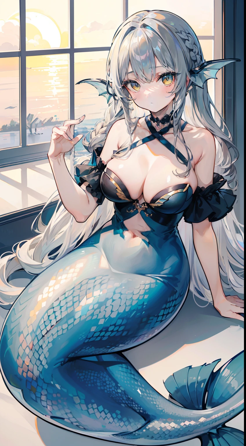 (top-quality、​masterpiece、high-level image quality、Super delicate)、((a beauty girl))、(smooth dull gray hair)、(curly long hair、Long bangs)、(Braided hair)Yellow eyes like a brilliant sunset、Black Choker、Moderately large breasts、((Blue tail fin mermaid))
