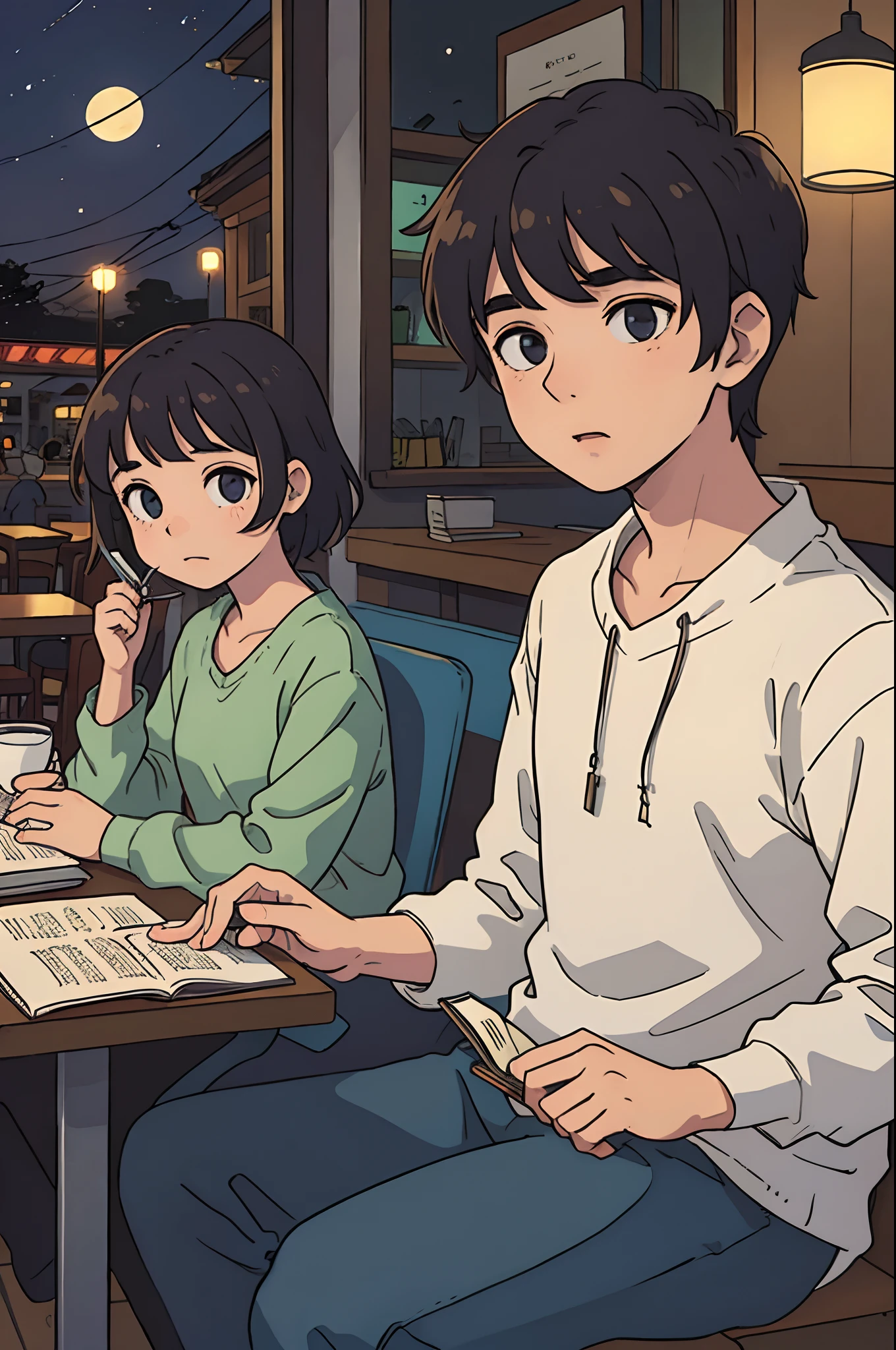 um menino e uma menina de cerca de 17 anos, each reading his own book, sitting face to face at a table in a café, tokyolagii, lo-fi, noite