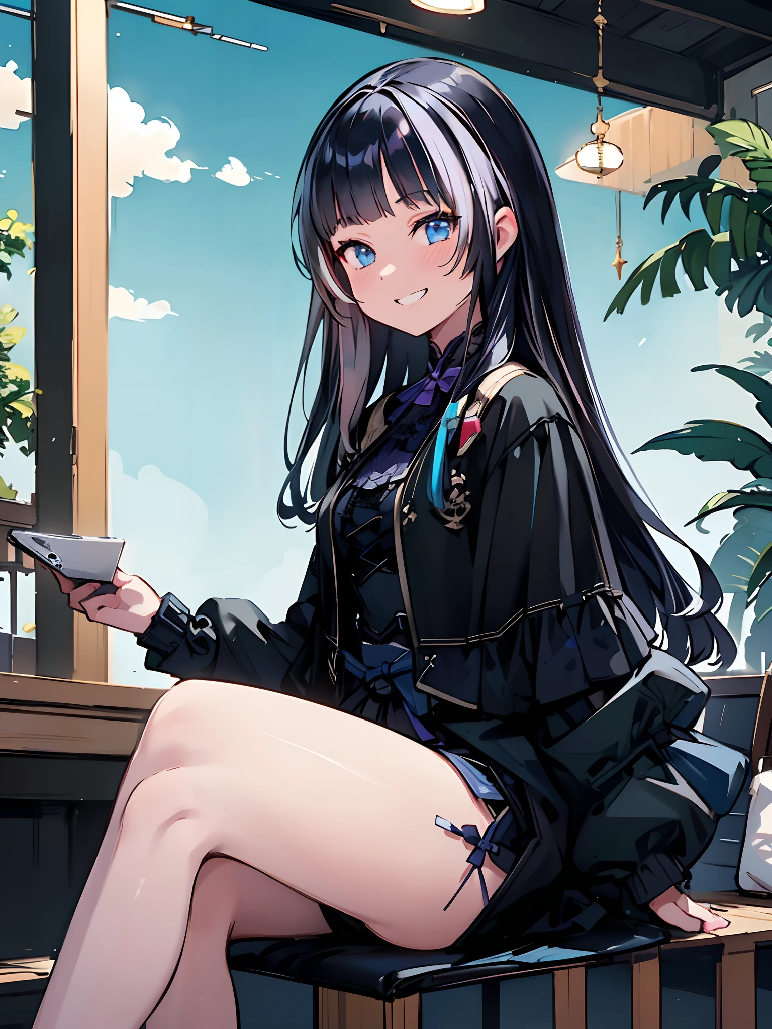 Raiden Hololive, angle from the side, grinning smile, cheeks, camera eyes, wearing a black mask, drawing from head to knees, sitting on a chair with legs crossed, holding a smartphone, terrace seat, beautiful blue sky, colorful, super detailed, high image quality