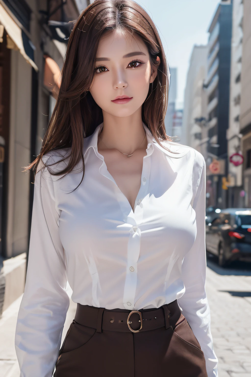 a 17 year old girl, she is the most beautiful actress in the world, the perfect body proportions of this girl, her large breasts within formal shirt, her crotch area of the panties are hardly hidden by short skirt, her bare legs, it's just front of her body, it's no space between her head and top of one frame, she is standing at the city street, nsfw, best quality, highly detailed, masterpiece, ultra high res, photo realistic, 8k, RAW photo
