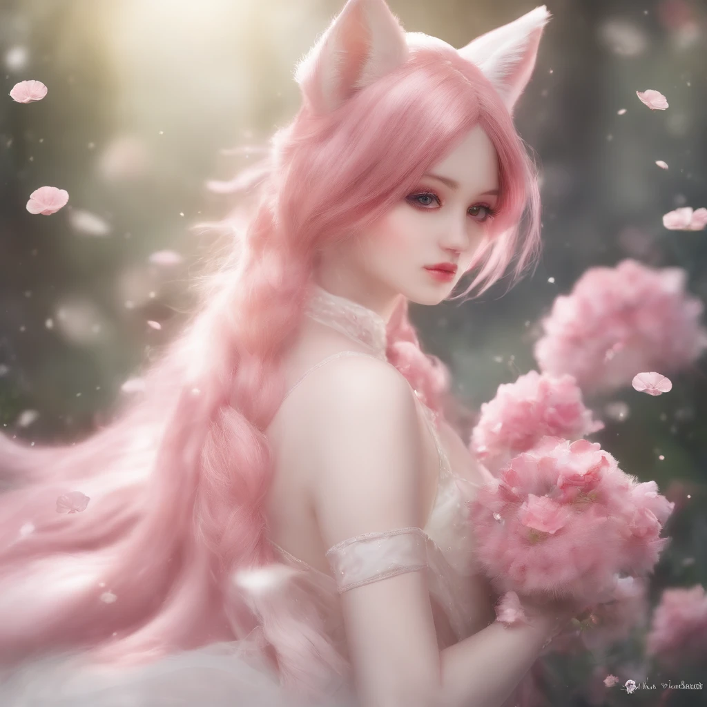 Nine snow-white fox tails (1.0), milky fox tail (1.0), fox close-up of nine tails, nine-tails, nine-tails, anime girl with pink hair and pink dress with flowers on her hair, very beautiful anime fox girl, beautiful anime fox girl, beautiful fantasy anime, guweiz, anime girl with fox ears, beautiful anime girl, very beautiful and cute fox girl, pink flower rain, background blur, anime style 4 K, anime fantasy artwork, 4k anime wallpaper, Artwork in the Guvez style
