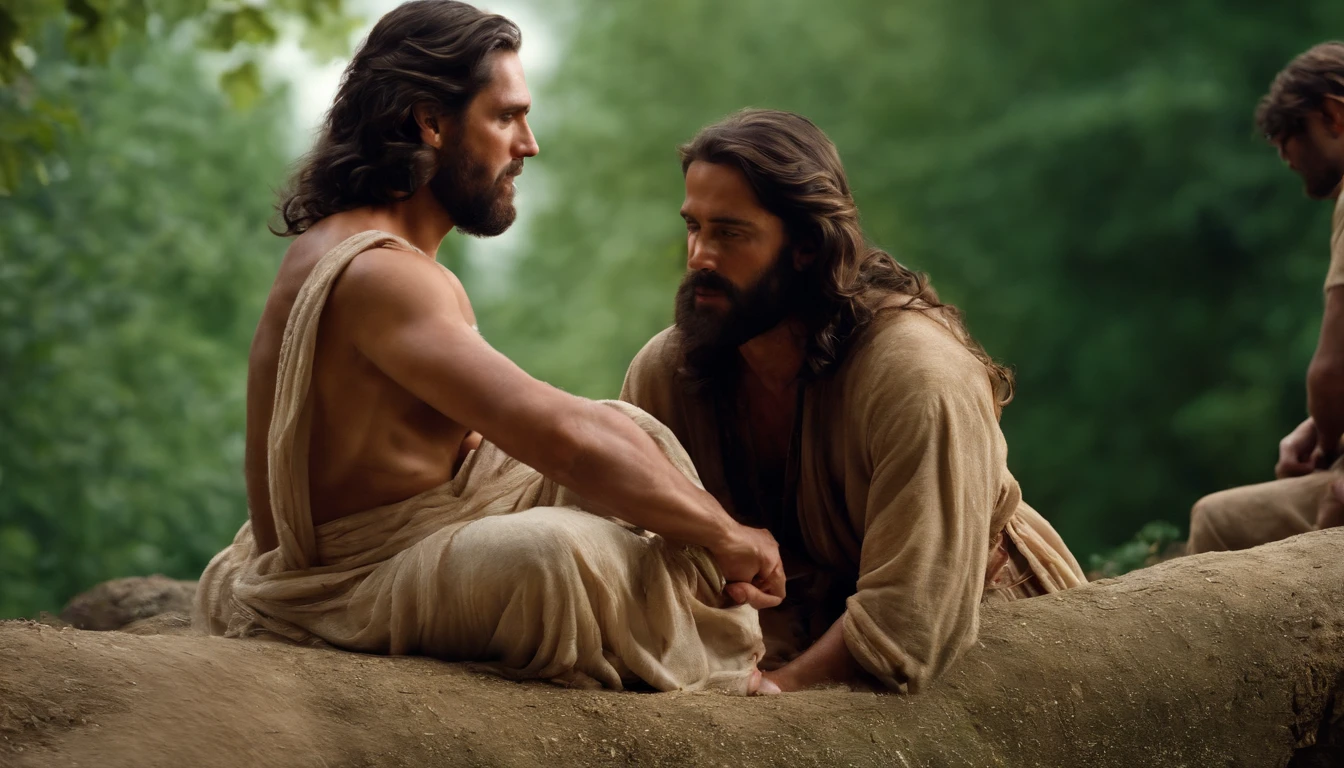 scene from the movie Jesus Christ The Passion of Christ The Resurrection in Paradise in Heaven, Detailed Face, Detailed Body, (Masterpiece: 1.5) (Photorealistic: 1.5) (Bokeh) (Best quality) (In the sky) (Intricate details) (8k) (HDR) (Gradient movie) (Canon D5) (Cinematic lighting) (Sharp focus) (Cinematics)