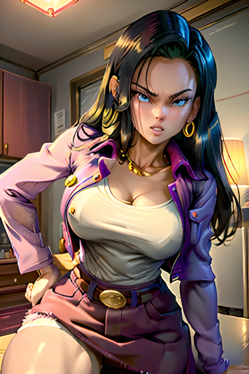 best quality, highres, black hair, blue eyes, long hair, hoop earrings, chunky cuban link jewelry, mouth open, gold teeth, bottom row, medium breasts, pink , cowboy shot,  anime scene of a man in red jacket holding a yellow light,  akira anime, style of akira motion movie, akira anime cyberpunk,