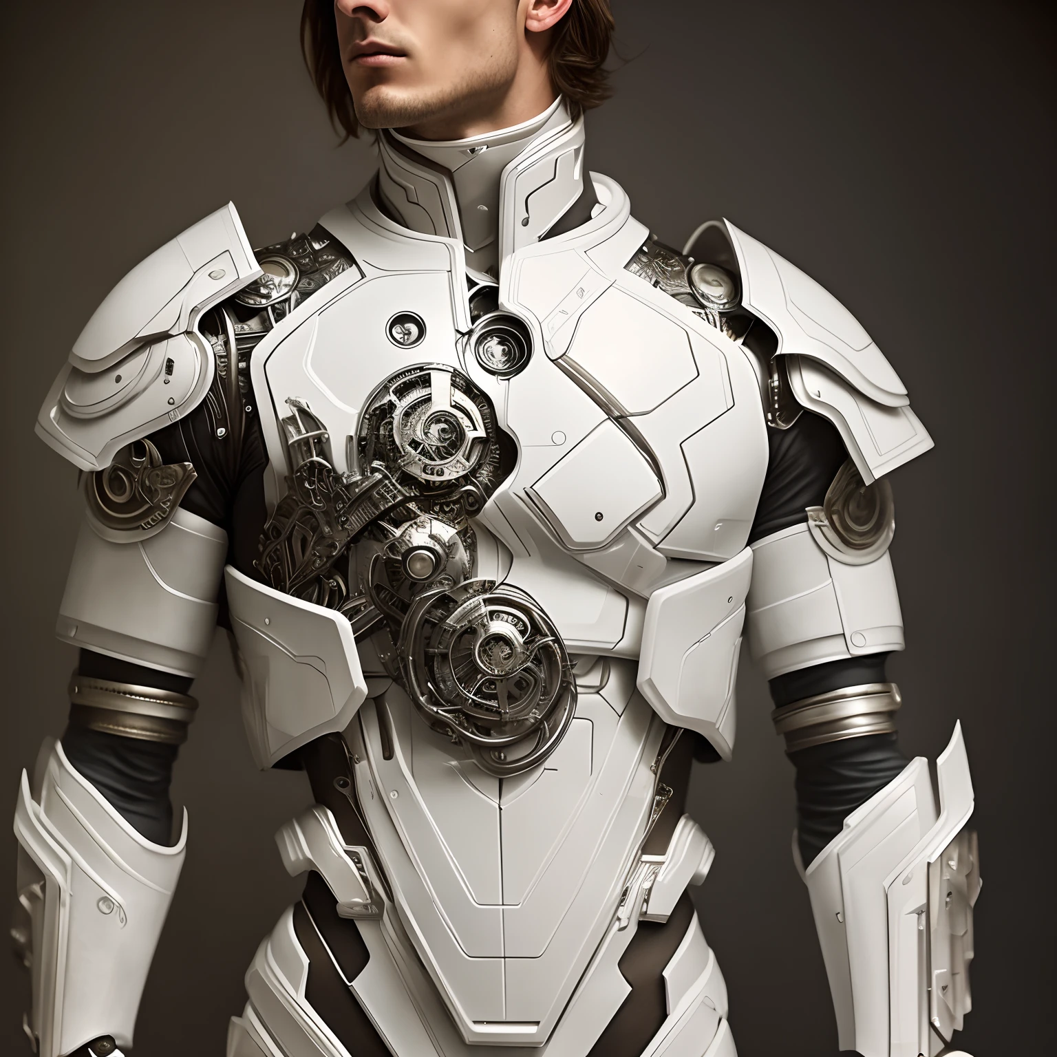 organic cyborg with essence of h&m campaign model, male, white plastic, diffuse lighting, fantasy, intricate, elegant, dressed in shiny h&m tailored suit with jewelry details, very detailed, realistic, photorealistic, digital painting, art station, illustration, concept art, soft, sharp focus, art by John Collier and Albert Aublet and Krenz Cushart and Artem Demura, focus on face and torso area only this type of photography, body needs to have completely smooth texture with no cyborg gear showing through