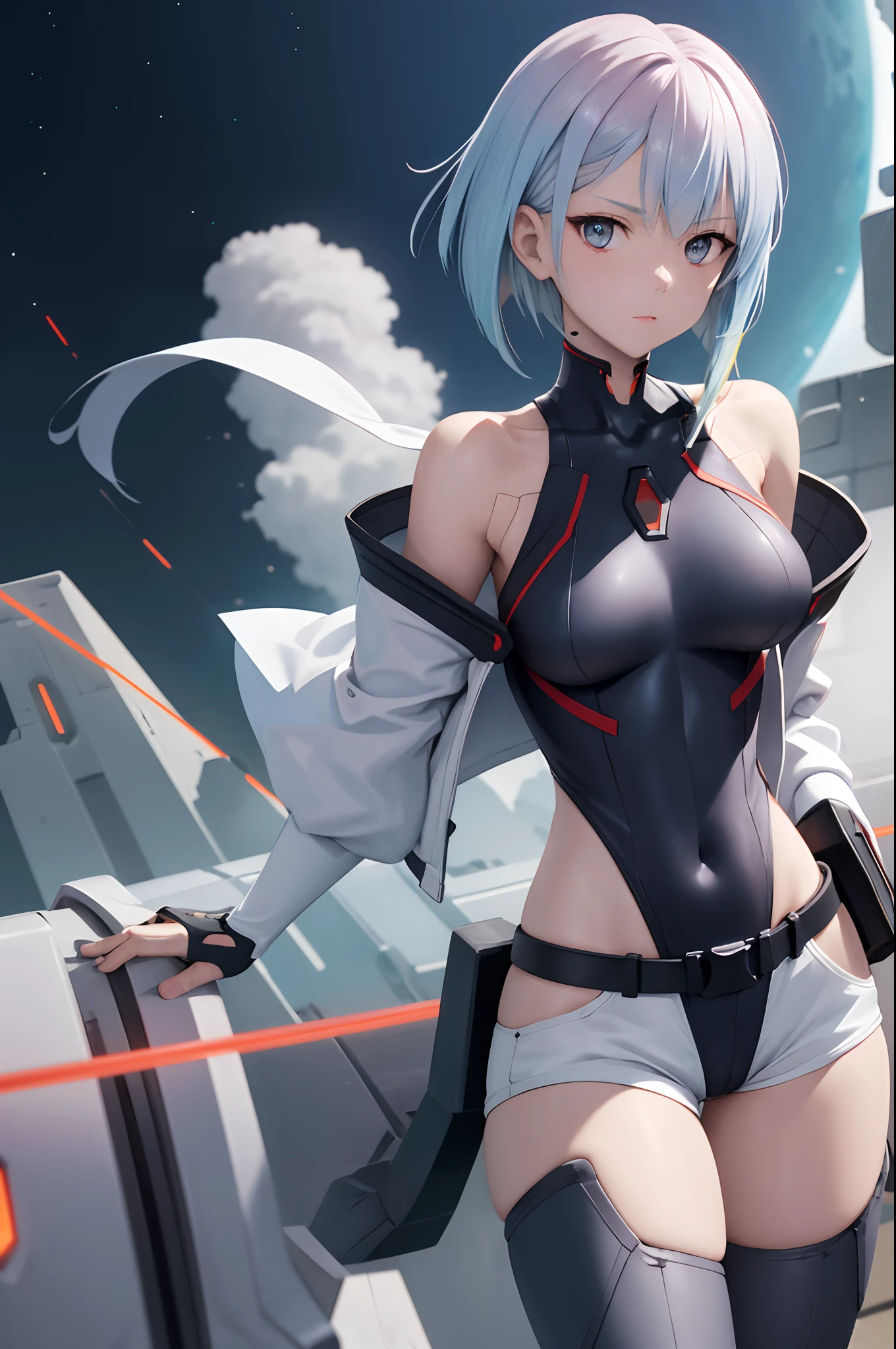 ​masterpiece, top-quality, Hi-Res, LU1, cyborgs,Long sky blue hair, bare shoulders​, Black and orange leotards, High Legretard, (string:1.1), white jaket, Open your jacket to show your cleavage, a belt, shortpants, planetes, a moon, planet earth(planetes)
