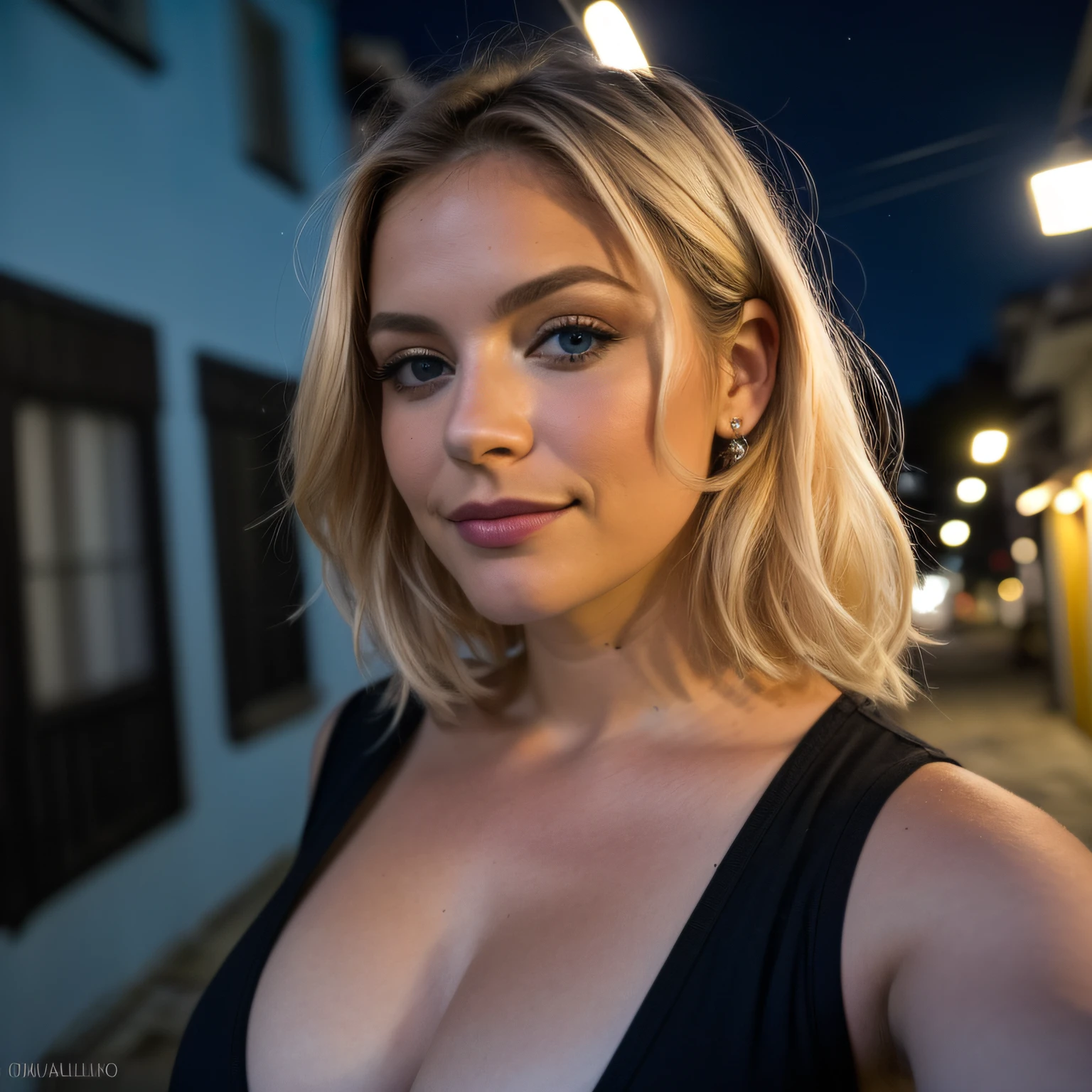 (Selfie, Plan: 1.4), (mitad recta del cuerpo: 1.4), RAW uhd portrait photo of a 24 year old blonde (Mujer de ojos azules) walking down a dark alleyway, tetas grandes,, Ciudad de noche, (roca), (Escote), Detalles (Tejido! , Cabello! , Brillar, Color!! , Desventajas: 1.1), Ojos brillantes con alto nivel de detalle (staring at the camera), SLR lighting, Single lens reflex camera, Calidad Ultra, agudeza, Profundidad de campo, Filmkorn (Medio), Fujifilm XT3, Cristalina, Rahmenmitte, Cara hermosa, foco nítido, farola, Neonbeleuchtung, Bokeh (Poca luz), Noche, (Cielo nocturno), Poros detallados de la piel, piel grasa, Quemadura, Ojos complejosDetalles, cuerpo entero, tetas grandes