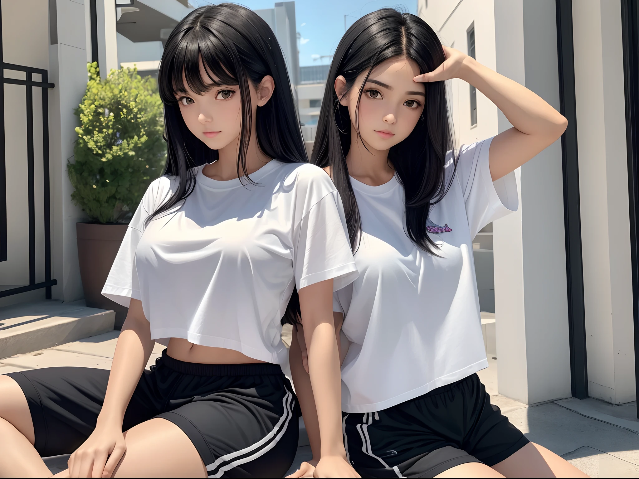 (8K, RAW photo, Best quality, Masterpiece:1.3),(Real,Photo:1.37),(Black hair),Pose,1girll,Very beautiful face,Medium chest,(The large),(Both hands are lowered))),Piggy hairstyle,Random expression,(White T-shirt),JK_Style,(sweat shorts) ,Black hair,(age 22),modest,Five fingers,Normal hands,Small mouth,Straight hair