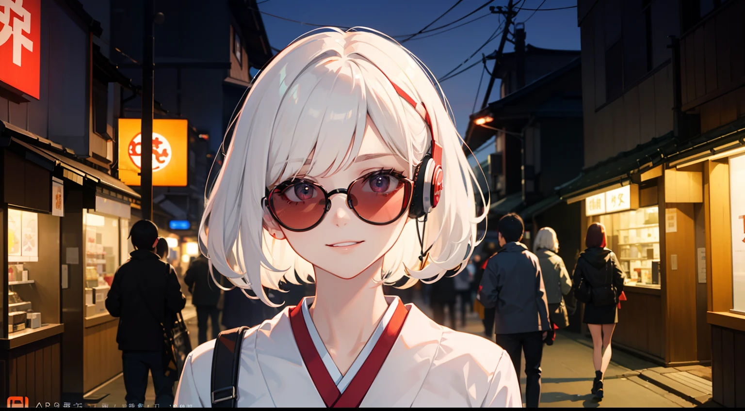 Red LED Female Illustration Profile,A sexy,Hairstyle Short Bob,Colored Sunglasses,White hair,Wear overhead headphones, A smile、front-facing view, Background of Japan in Tokyo, natta,night scene,Provector, high detailing, Vibrant, Japan hologram symbol, Barcode Design, 4K, nffsw, masutepiece
