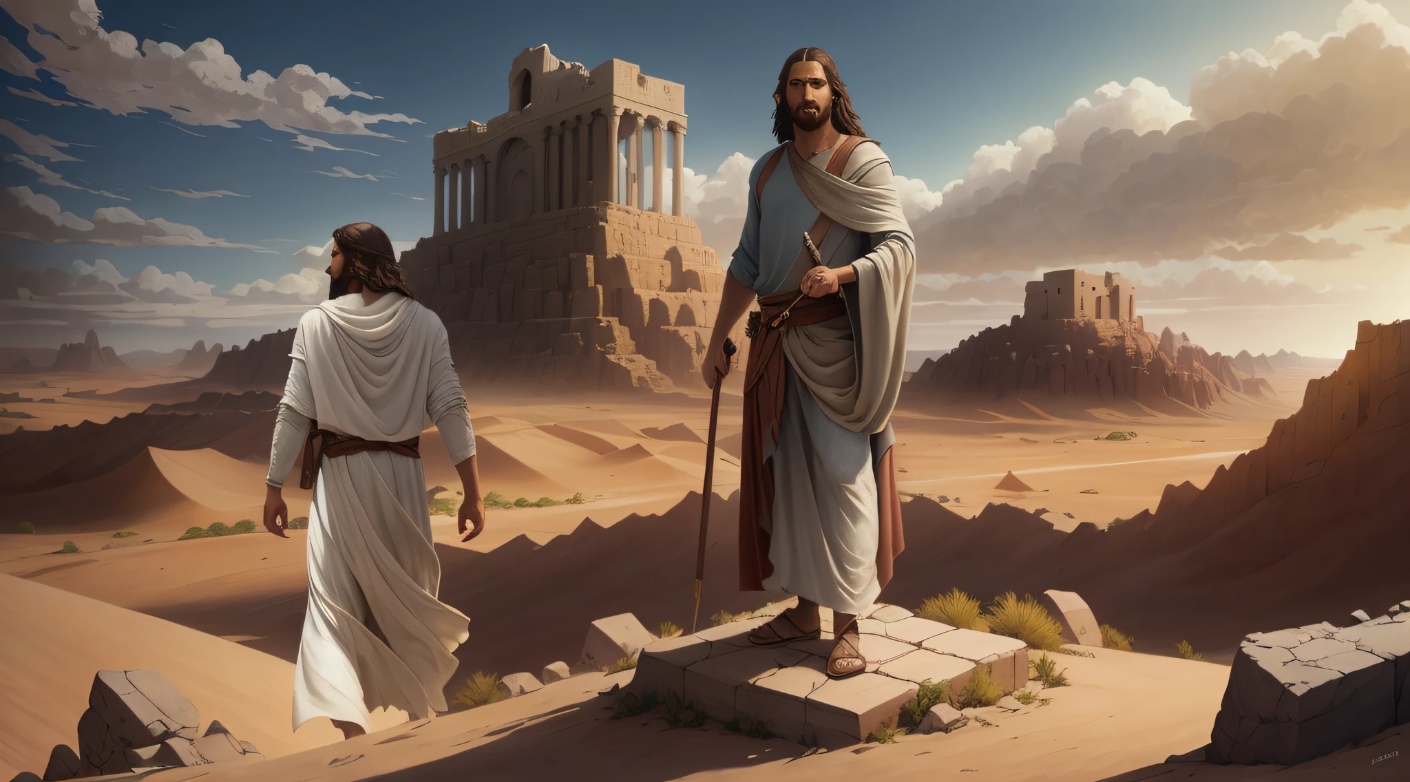 Jesus andando no deserto com uma homem em um manto branco, um rosto humano perfeitamente equilibrado, with harmonious and expressive characteristics. Inclua a cor dos olhos, formato do nariz, contours of the lips, skin texture and any distinctive sign that makes it unique. Certifique-se de que todos os detalhes sejam realistas e proporcionais, como se fosse uma pessoa de verdade, James Gurney e Andreas Rocha, epic biblical representation, por Johfra Bosschart, Andreas Rocha e John Howe, Directed by: Jason Felix, inspirado em Christophe Vacher, Directed by: Aleksander Gierymski, inspirado em Raphael Lacoste, dramatic concept art, Directed by: Daniel Taylor, illustration matte painting