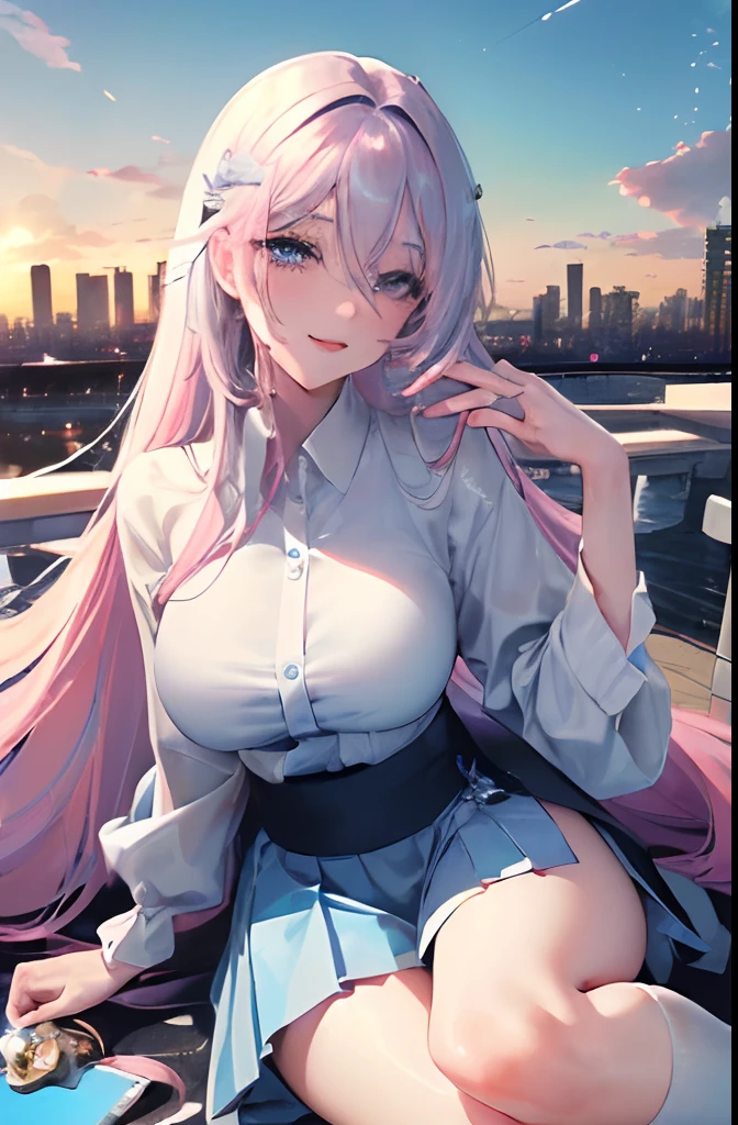 official art, masterpiece, sharp focus, (beautiful gorgeous cute Korean woman:1.3), (beautiful cute korean:1.3), korean beauty, Delicate and beautiful hair and eyes and face, realistic, ultra detailed, beautiful girl, blue sky, glow white particle, (sidelighting:1.2), sun light, white cloud, detailed clouds, slender, Lovely very large breasts and very large hips, smile with teeth, ((smile with eyes, open both eyes)), scenery, long straight hair, sexy facial expression, building, (cityscape:1.7), dynamic hair, long straight hair, detailed platinum pink hair, glow blue eyes, (blue pleated shirts + white skirt), white long socks, pale skin, hair ornament, epic scenery,