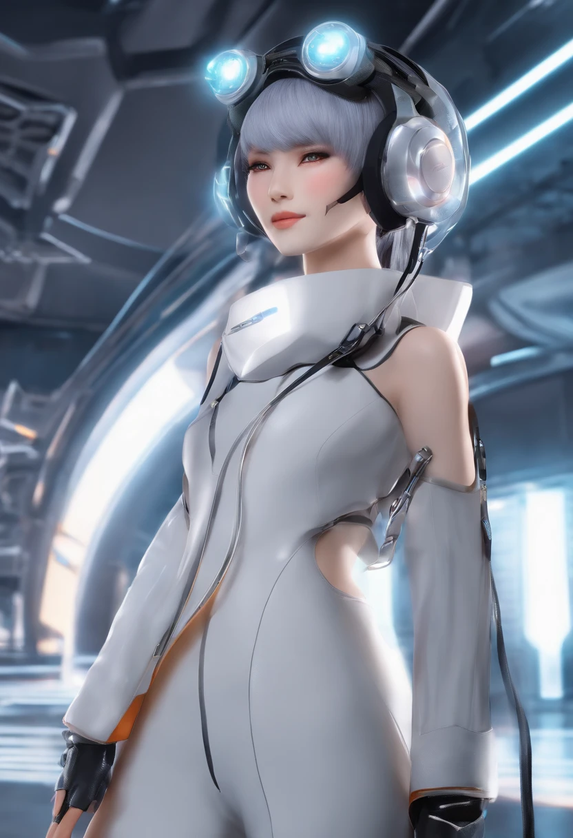 Holographic virtual character smiling, estilo anime, aparecendo corpo inteiro, olhando para o lado, fundo branco, estilo futurista, with futuristic headset, futuristic shoes, cabelos pretos e curtos, appearance of Hinata Hyuga from the Naruto anime