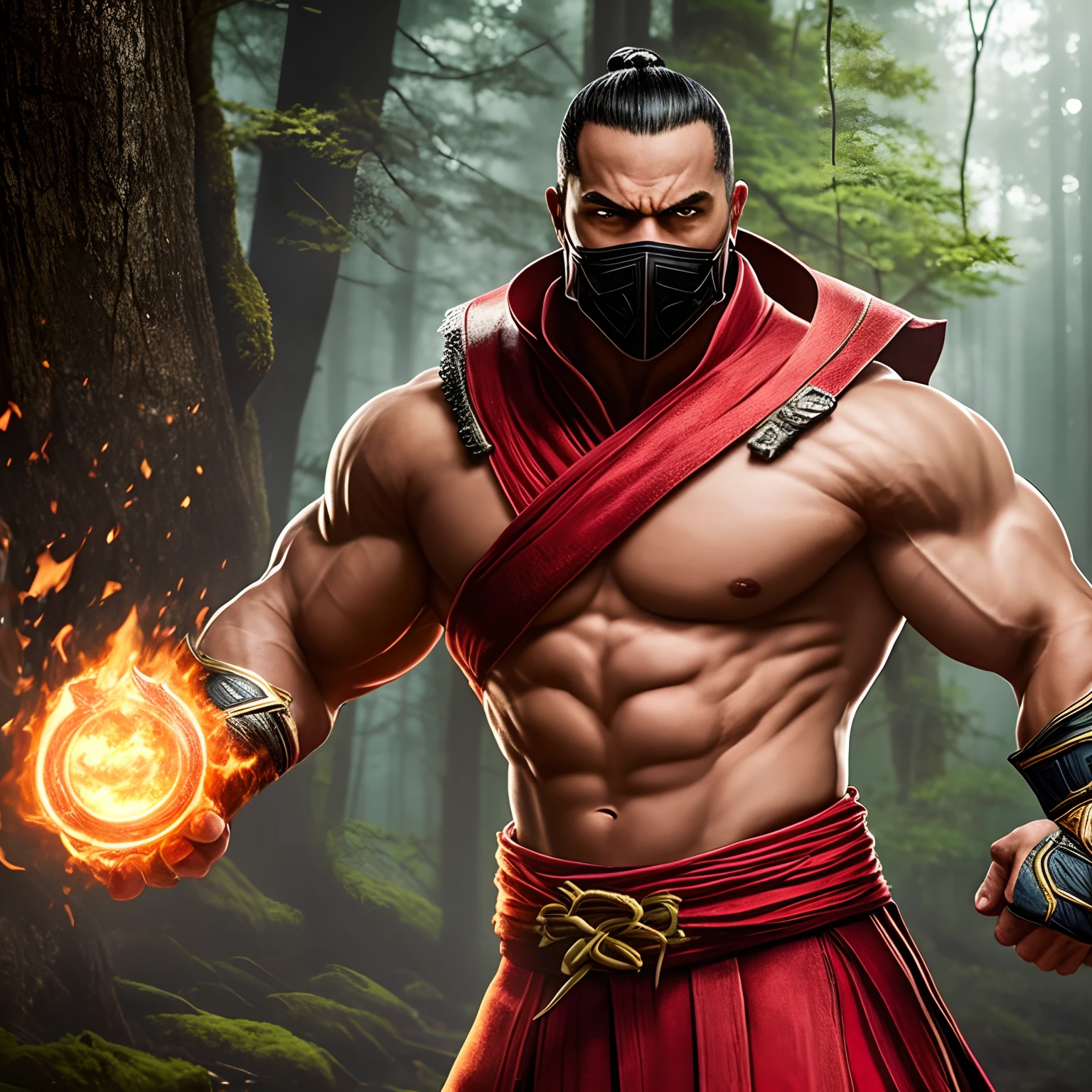 "Create a high-resolution illustration in digital format (4K) de um personagem masculino representando um monge, vestindo vestes tradicionais, com os olhos vendados. Ele deve estar em uma pose de luta agressiva, demonstrando postura marcial, with hands and feet positioned according to Mortal Kombat's fighting style. Ademais, adicione uma aura vermelha intensa que envolve todo o corpo do monge, radiating a sense of power. A cena deve se passar em uma densa floresta, with daylight visible through the trees, criando um contraste interessante com a aura vermelha. Be sure to pay attention to the details and visual quality of the image.