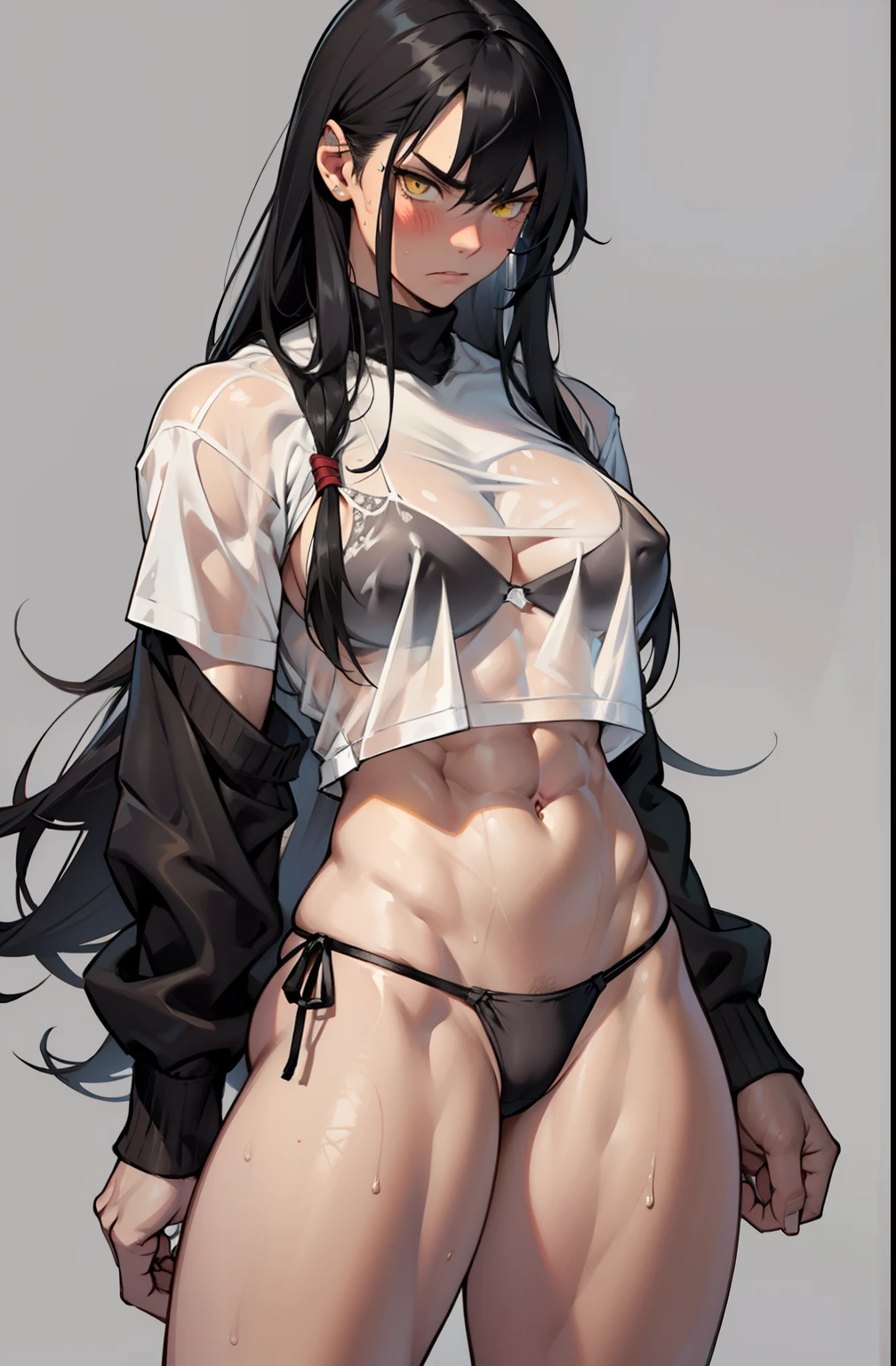 (1 girl), extremely long hair, solo, ((muscular)), veins, black hair, yellow eyes, blushing, thick thighs, pale skin, strong, veins, abs, big thighs, huge breasts, navel, standing, angry, (thong), tight shirt, see-through, sweaty