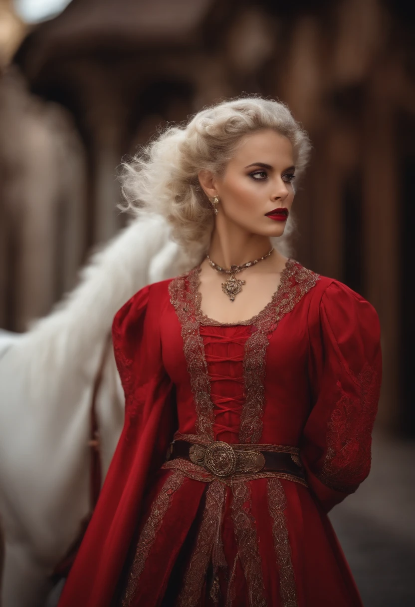 una chica con rasgos de zorro blanco, con cabello rojo y ojos morados, of small stature and tender appearance,