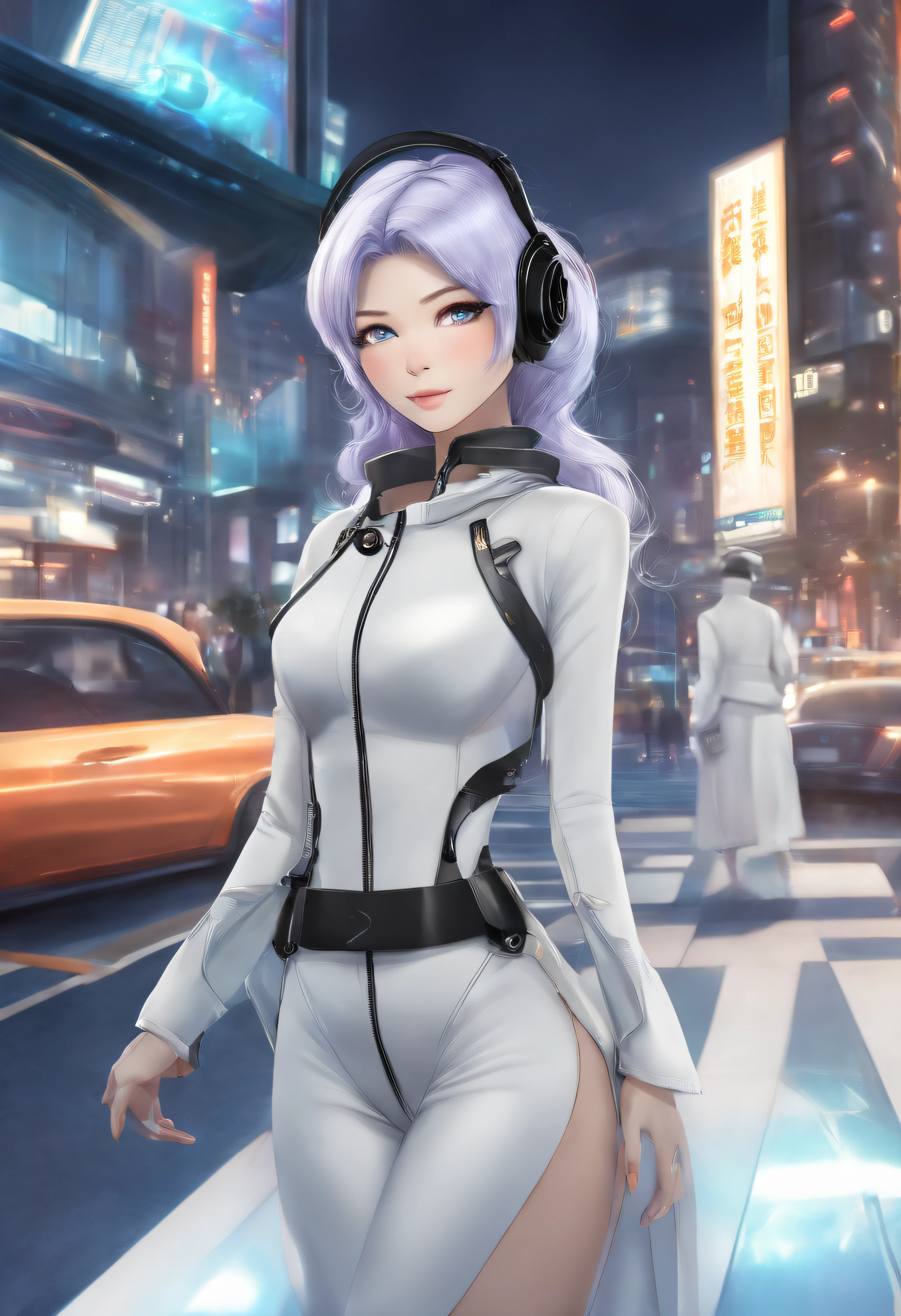 Holographic virtual character smiling, estilo anime, aparecendo corpo inteiro, olhando para o lado, fundo branco, estilo futurista, with futuristic headset, futuristic shoes, cabelos pretos e curtos, appearance of Hinata Hyuga from the Naruto anime