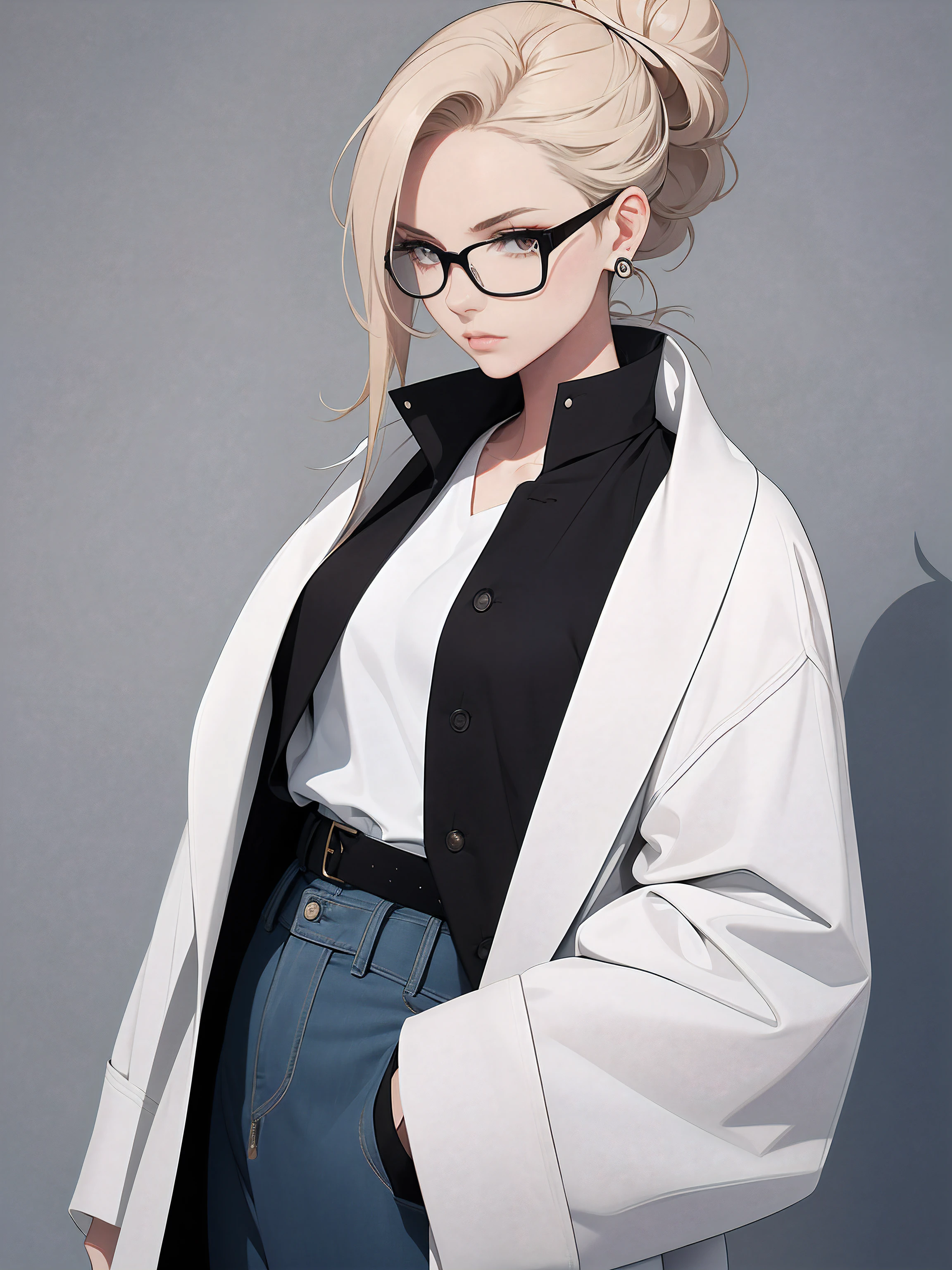 Female with glasses. Reading a book . makeup, mascara, Lips are subdued or colors, Minimalism, monotone, blond, jacket and jeans, simple color palettes, bun hair, ponytail hairstyles, Clean, sharp designs, flowing silhouettes, loose long robe, high-waisted belt, asymmetrical, geometric, Elegant and luxurious materials and designs, Simple, minimal accessories, Distinctive designs, simple silhouettes, chic and mature impression, simple and sophisticated female samurai style, elegance, minimalism, high quality materials, cool and urban impression, high fashion, , simplicity and sophistication, complex background. Low angle