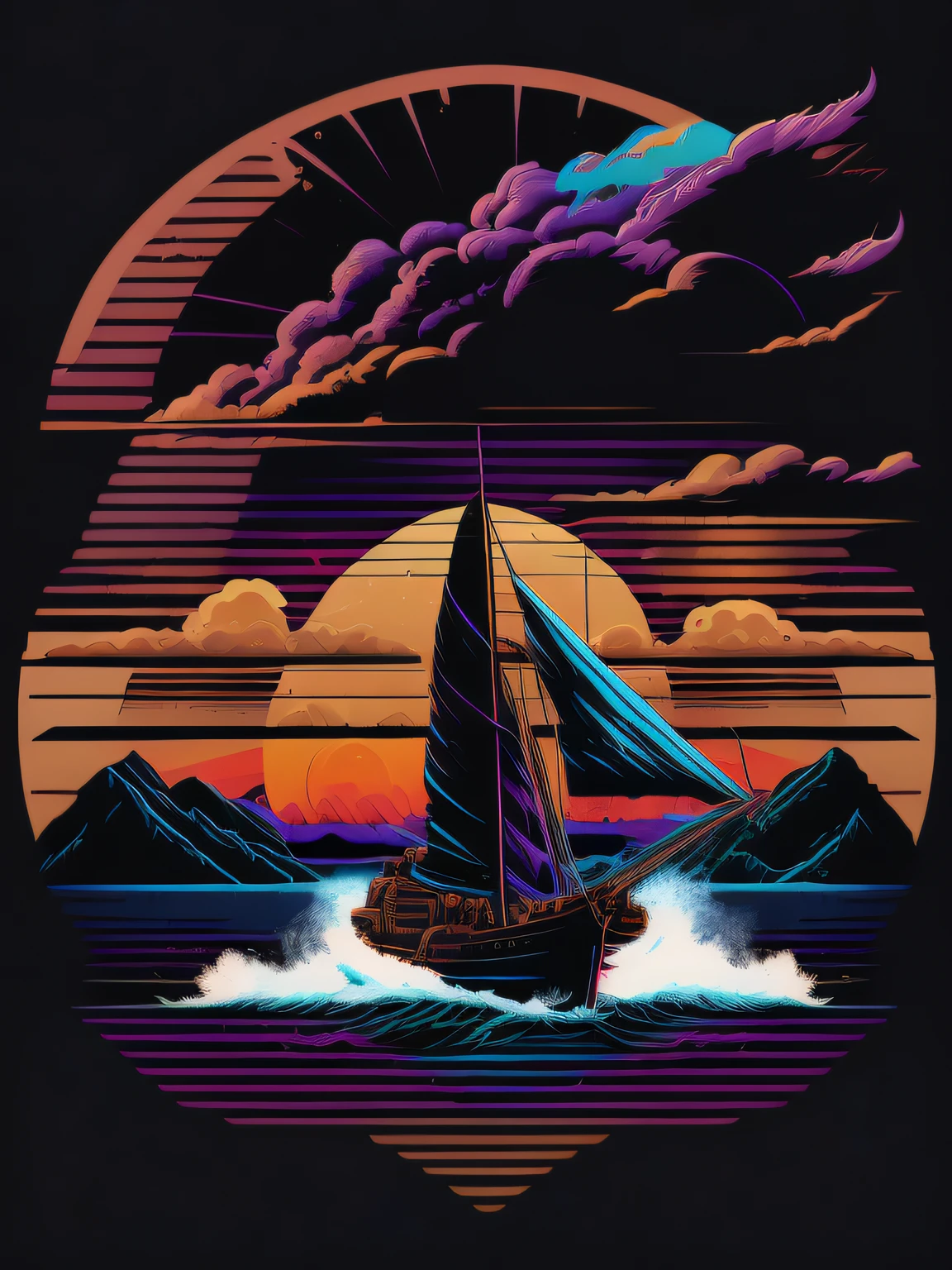 Ship sailing into the sunset, 80's vector image, T-shirt design, isolated, black background, blue orange illustration and purple only