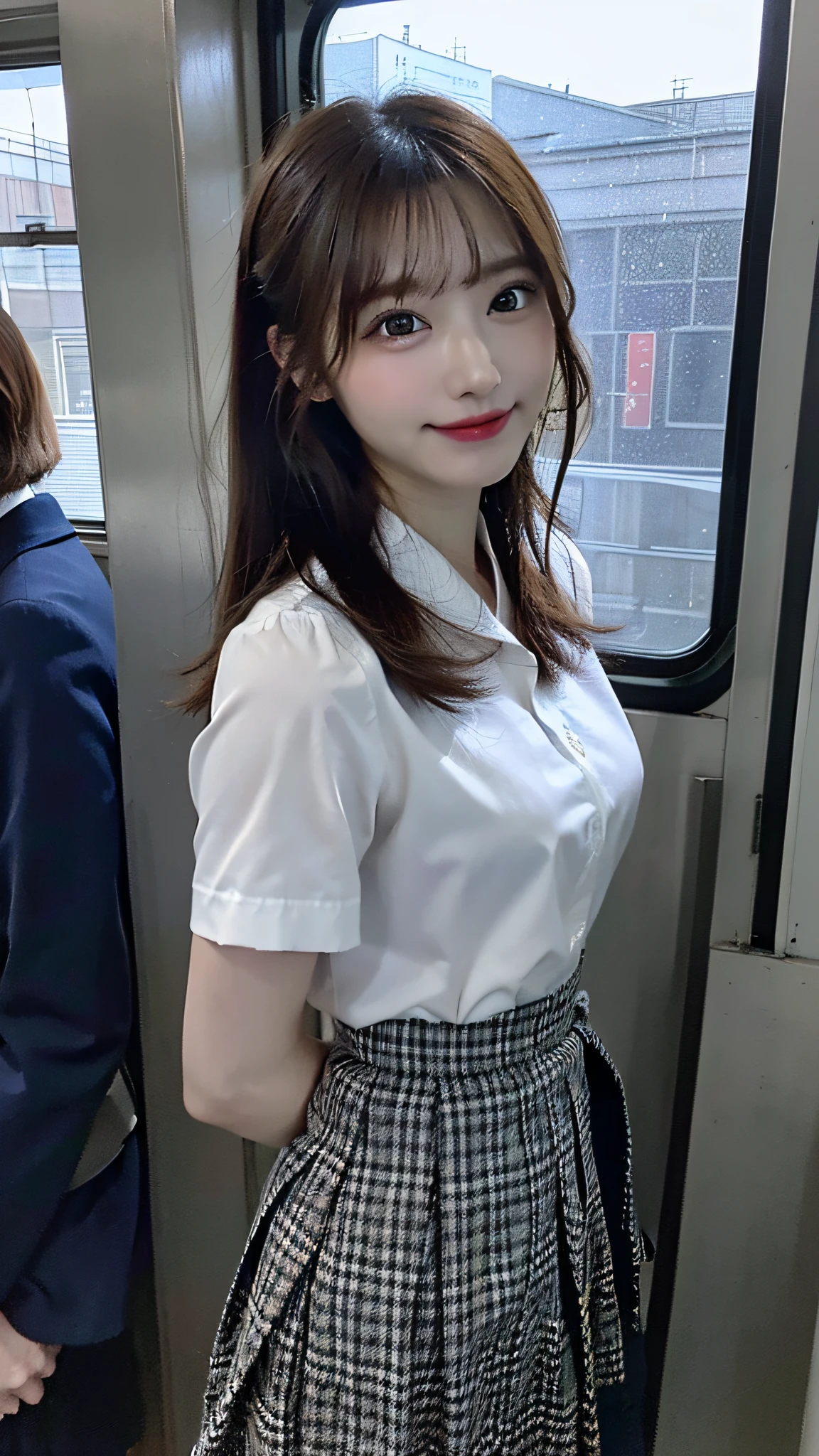 (masterpiece:1.3), (8K, Photorealsitic, Raw photography, Top image quality: 1.4), Japan high school girls、(Random hairstyles:1.2)、(small tits:1.3)、Super Detail Face、Eye of Detail、二重まぶた、foco nítido:1.2、prety woman:1.4、light brown hair、top-quality、masterpiece、超A high resolution、(Photorealsitic:1.4)、very detailed and professional lighting、slender、(A smile)、(eye line:1.1)、Japanese girls' high school uniform、The skirt is plaid、(In the train car)、(Profile looking out the window of the door:1.5)、(The skirt is not high waist:1.2)