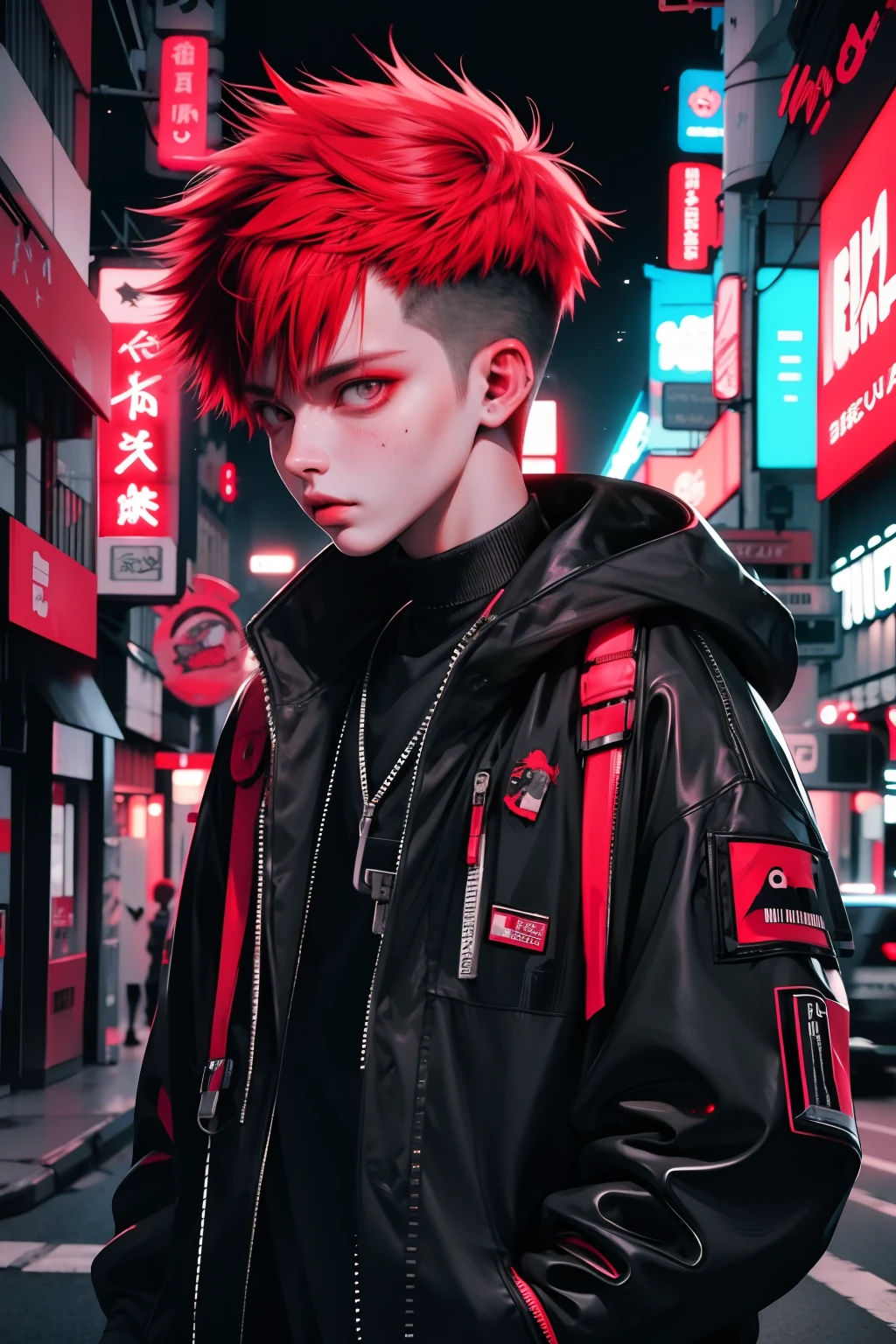 boy walking, half body shot, white red hair, cool black open short jacket, messy fade cut hair, crazy, on futuristic neon night street background, straight front center, photograpic shot