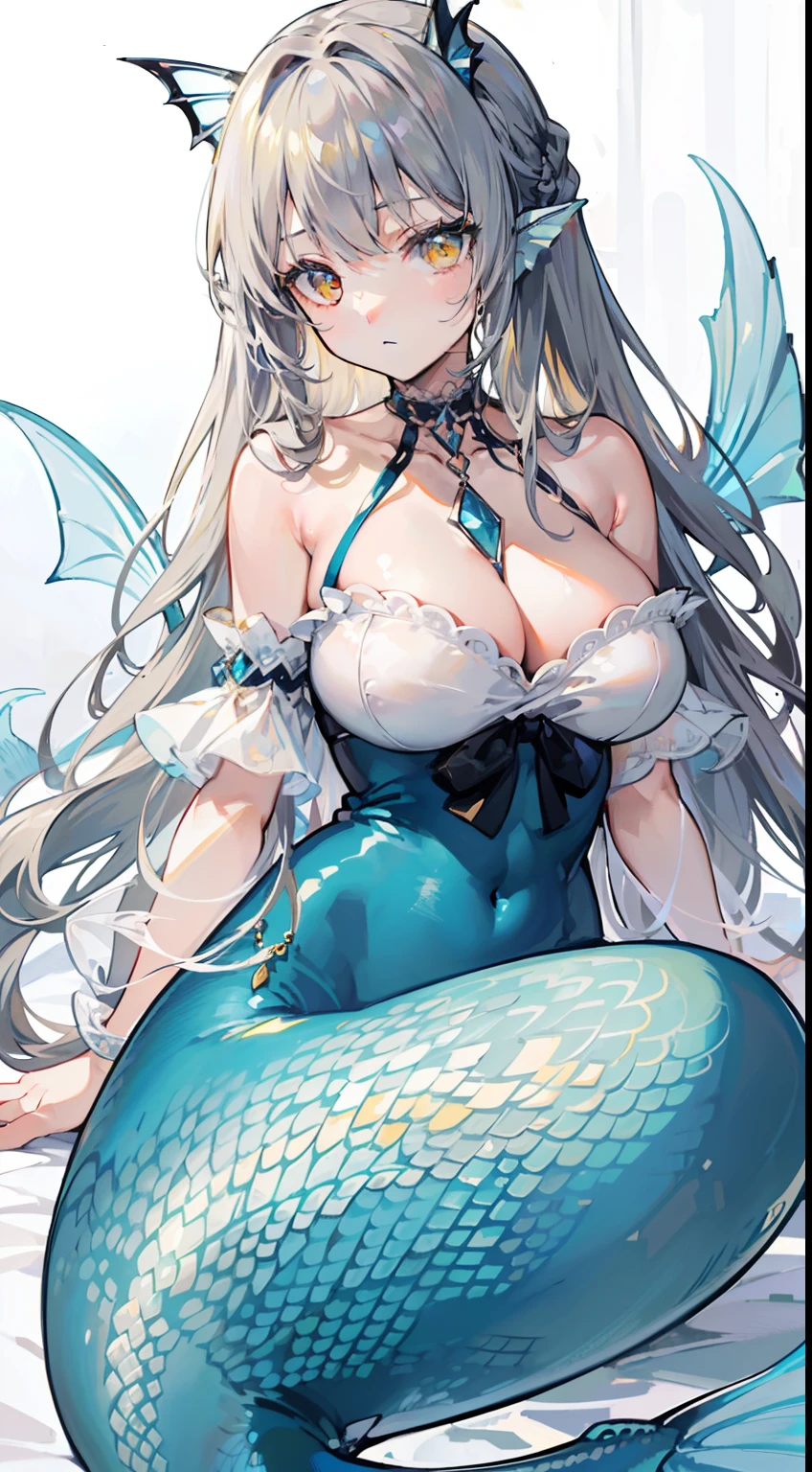 (top-quality、masterpiece、high-level image quality、Super delicate)、((a beauty girl))、(smooth dull gray hair)、(Curly Long Hair、Long bangs)、(Braided hair)Yellow eyes like a brilliant sunset、Black Choker、Moderately large breasts、((Bluetail Fin Mermaid))