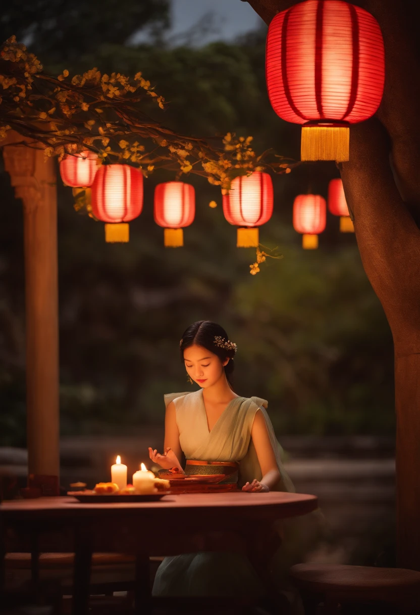 In the moonlit night, a girl is seated at a table enjoying mooncakes under a osmanthus tree. The ancient architecture is illuminated by the soft moonlight. The table is beautifully set with delicious mooncakes and a small figurine of Chang'e, the Moon Goddess. The girl's eyes reflect the enchanting moonlight as she indulges in the sweet treats. The scene is filled with a sense of tranquility and wonder. The intricate details of the osmanthus blossoms and the girl's attire are captured in ultra-high definition, depicting every delicate petal and embroidery. The colors are vivid and the lighting is carefully crafted to enhance the atmosphere. The image is of the highest quality, rendering it a masterpiece.