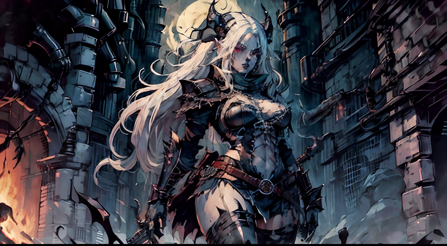 1girl, highres, beautiful face, succubus, white hair, pale skin, muscular, hypermuscle, Heavy metal album cover, hellfire, leather pants, leather jacket, road, thighs, wide hips, abs, chains, skulls, whip, spines