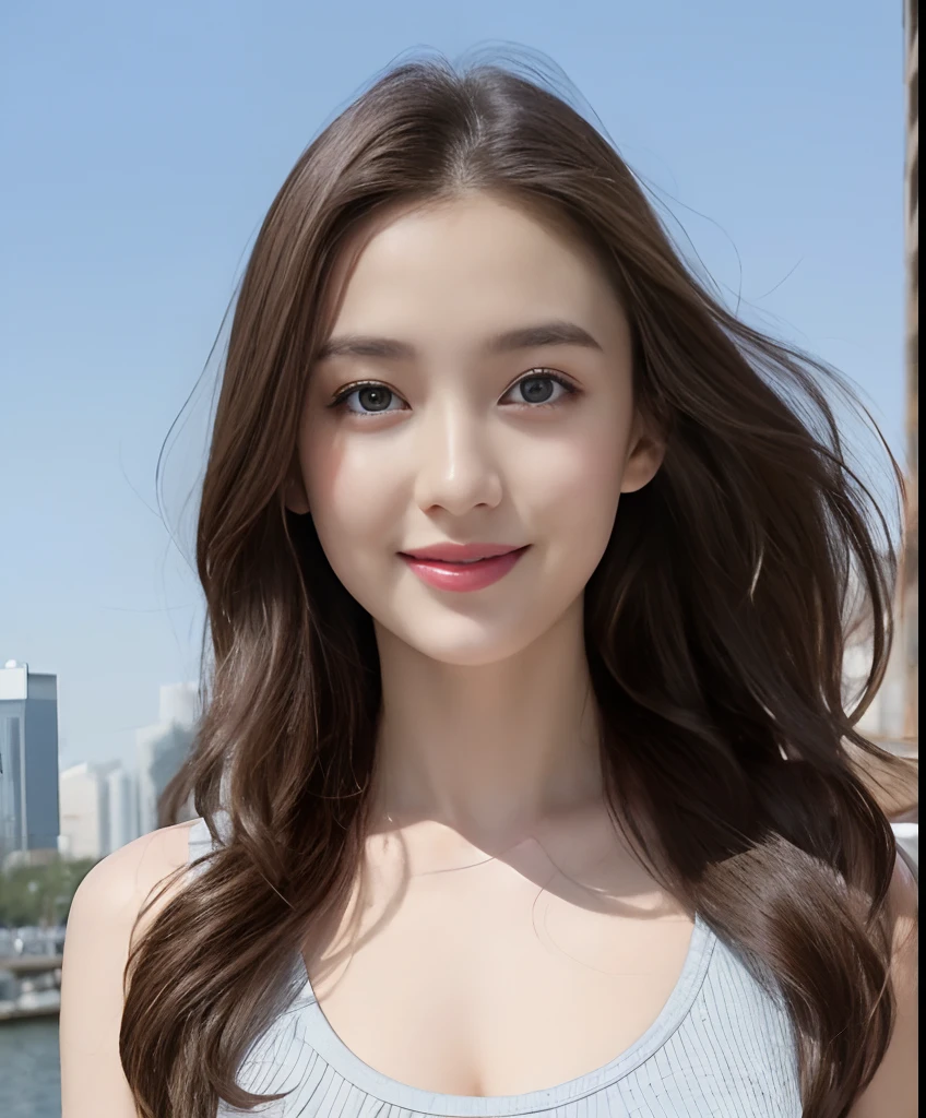 masterpiece, best quality, ultra-detailed),(1girl), blue eyes, long hair, brunette, dynamic angle, dynamic pose, natural lighting, floating, (white top:1.2|black top), (jeans:1.2|leather pants:0.9), (silver bracelet:1.2|watch), (natural background:0.8|cityscape), (smiling:0.8|serious expression), (highlight on hair), too many drops of water:0.8