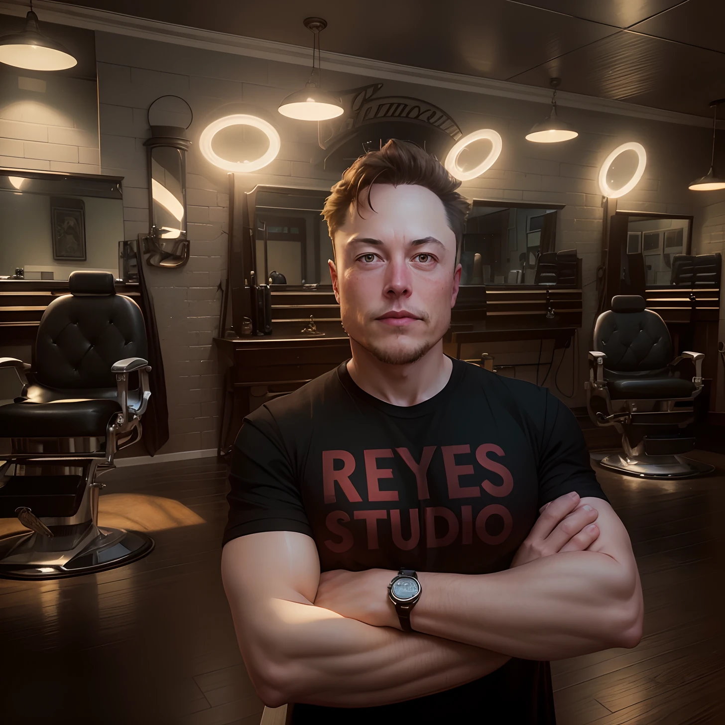 Generates a digital image of Elon Musk in a confident pose, with his arms crossed, wearing a black t-shirt with the inscription “REYES STUDIO” on the chest. The background of the scene must represent an authentic barbershop, with characteristic elements such as a classic vintage barber chair, antique mirrors, and traditional decoration details, epic realistic photography, hyperrealistic.