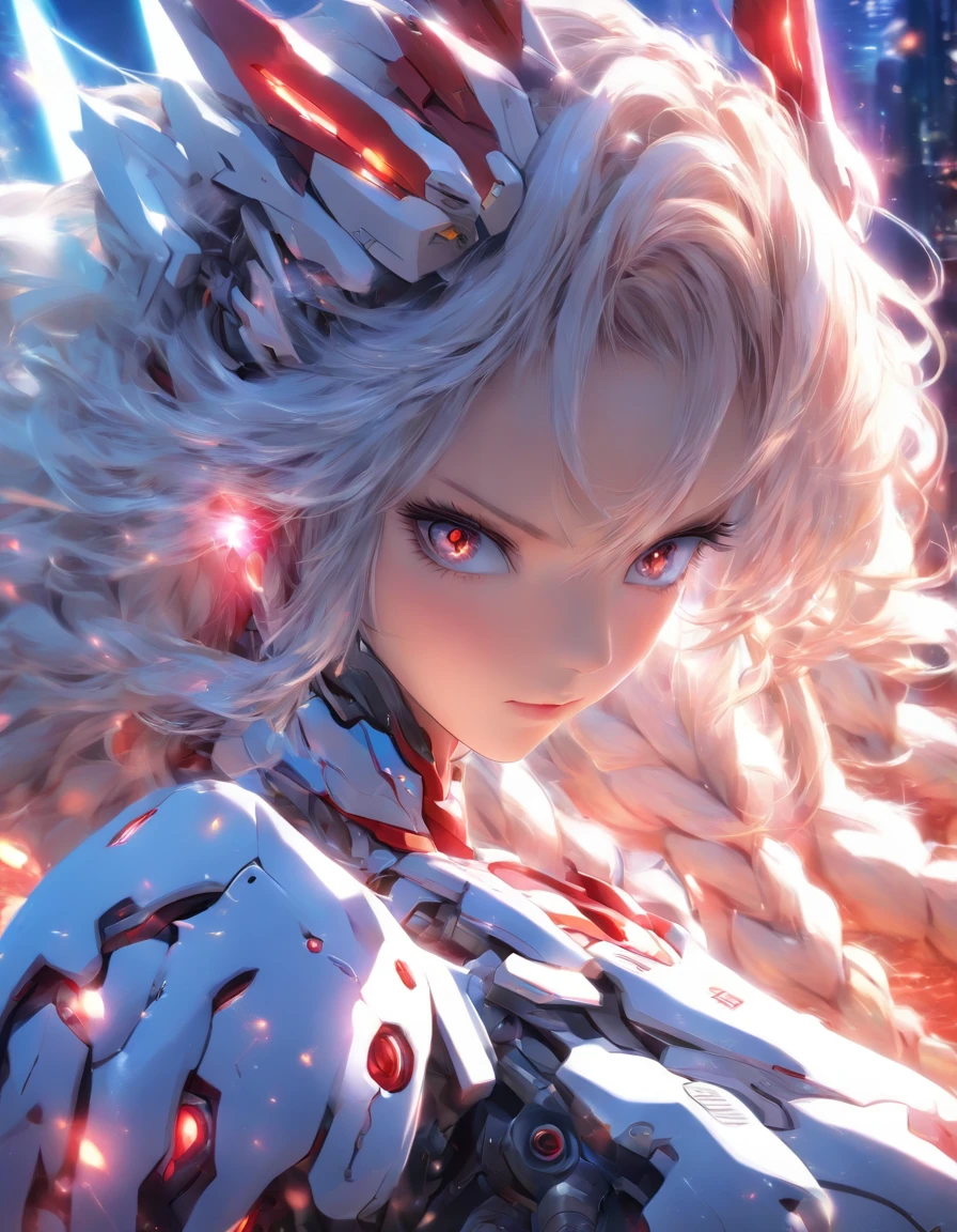 (best quality:1.3),ultra high resolution,original photograph,detailed skin,beautiful lighting,(realistic,photo-realistic:1.4), 1 girl,1girl,bishoujo,stare,red eyes,beautiful detailed eyes,long hair,white hair,silver_hair,wing-shaped bangs,ahoge,hair rings,braid,cold,full body,background is mecha,blue and white mecha.