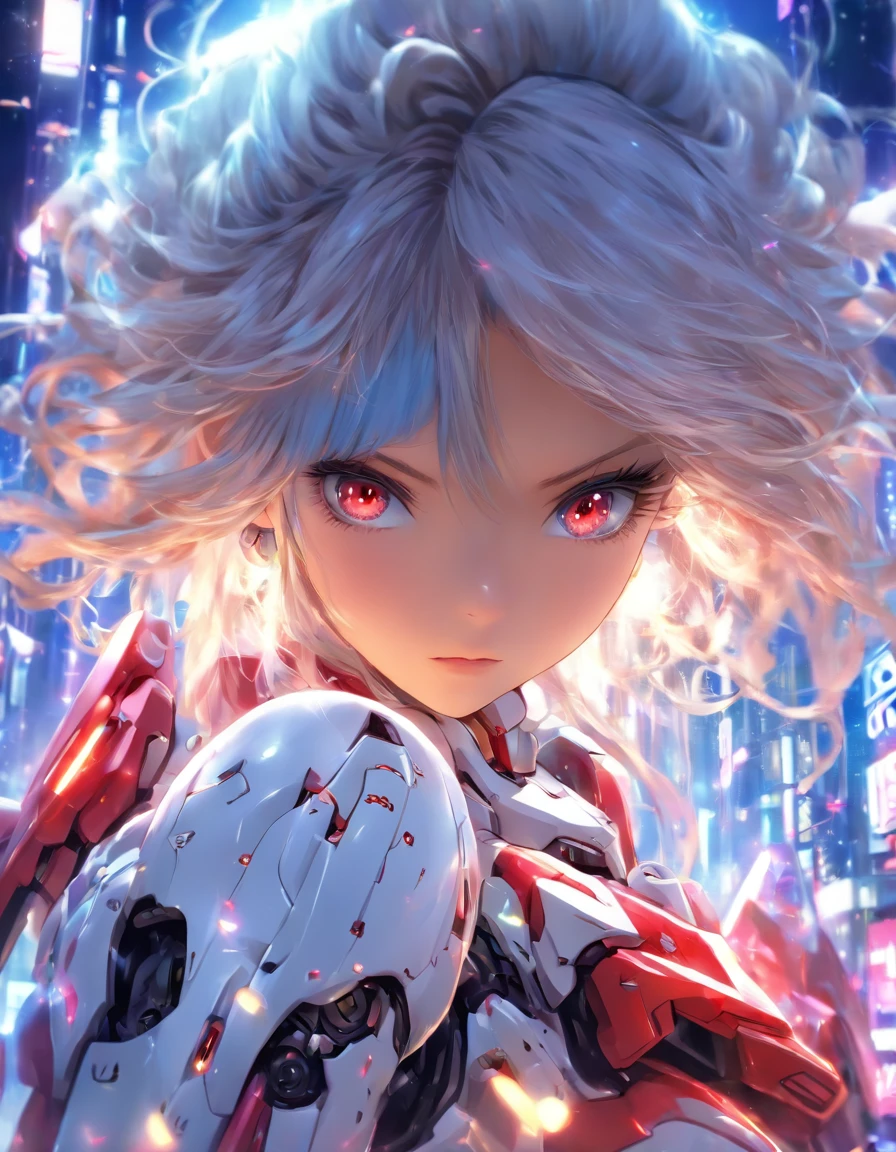 (best quality:1.3),ultra high resolution,original photograph,detailed skin,beautiful lighting,(realistic,photo-realistic:1.4), 1 girl,1girl,bishoujo,stare,red eyes,beautiful detailed eyes,long hair,white hair,silver_hair,wing-shaped bangs,ahoge,hair rings,braid,cold,full body,background is mecha,blue and white mecha.