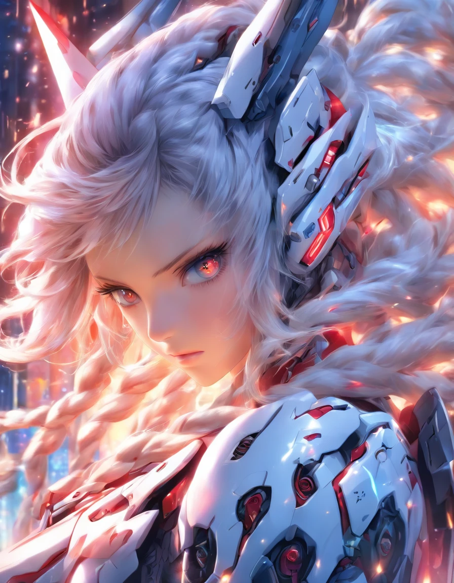(best quality:1.3),ultra high resolution,original photograph,detailed skin,beautiful lighting,(realistic,photo-realistic:1.4), 1 girl,1girl,bishoujo,stare,red eyes,beautiful detailed eyes,long hair,white hair,silver_hair,wing-shaped bangs,ahoge,hair rings,braid,cold,full body,background is mecha,blue and white mecha.