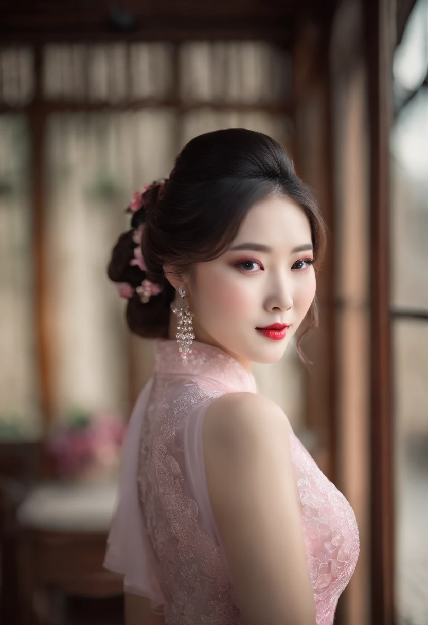 tmasterpiece,Beautiful lovely Chinese,Chinese beautiful woman,on cheongsam,Delicate and beautiful hair and glasses and face,a beauty girl,Glowing white particles,Cute big breasts and big buttocks,Smile without showing your teeth,Delicate platinum-pink hair,glow blue eyes,Full body like,hair adornments,Small black high heels