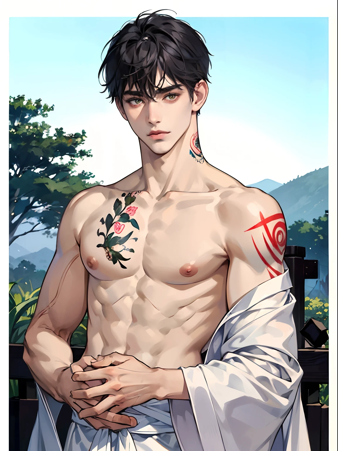 Asian man, white skin with tattoos on his body and black hair, vampire