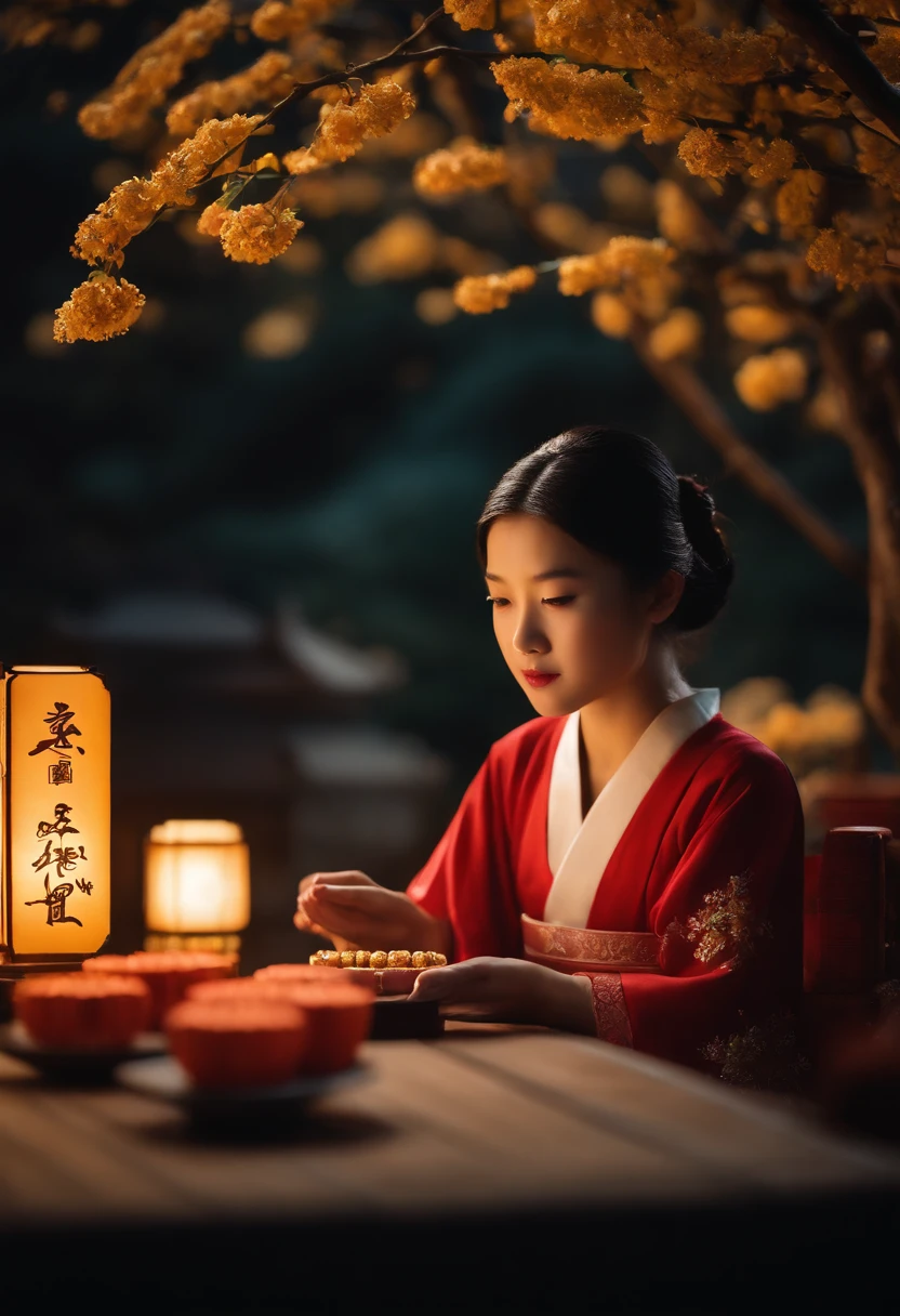 In the moonlit night, a girl is seated at a table enjoying mooncakes under a osmanthus tree. The ancient architecture is illuminated by the soft moonlight. The table is beautifully set with delicious mooncakes and a small figurine of Chang'e, the Moon Goddess. The girl's eyes reflect the enchanting moonlight as she indulges in the sweet treats. The scene is filled with a sense of tranquility and wonder. The intricate details of the osmanthus blossoms and the girl's attire are captured in ultra-high definition, depicting every delicate petal and embroidery. The colors are vivid and the lighting is carefully crafted to enhance the atmosphere. The image is of the highest quality, rendering it a masterpiece.