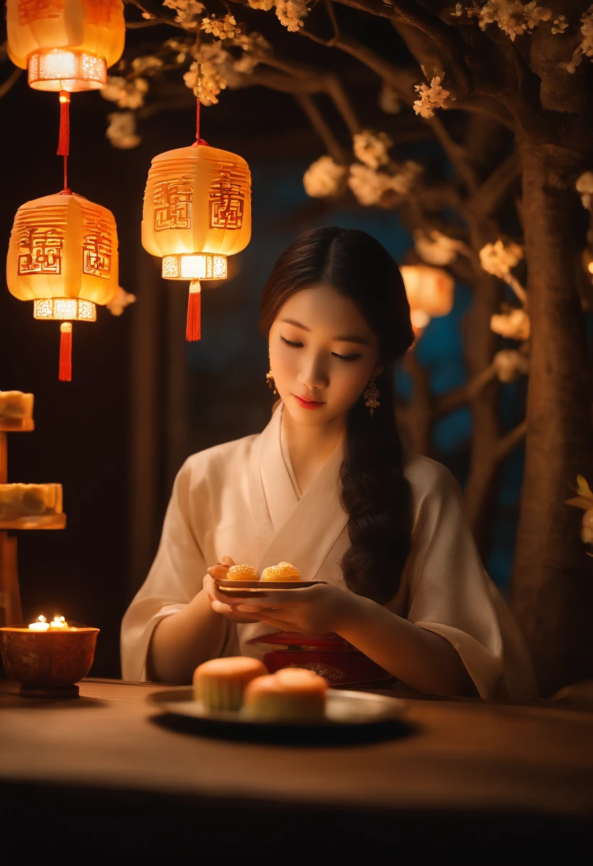 In the moonlit night, a girl is seated at a table enjoying mooncakes under a osmanthus tree. The ancient architecture is illuminated by the soft moonlight. The table is beautifully set with delicious mooncakes and a small figurine of Chang'e, the Moon Goddess. The girl's eyes reflect the enchanting moonlight as she indulges in the sweet treats. The scene is filled with a sense of tranquility and wonder. The intricate details of the osmanthus blossoms and the girl's attire are captured in ultra-high definition, depicting every delicate petal and embroidery. The colors are vivid and the lighting is carefully crafted to enhance the atmosphere. The image is of the highest quality, rendering it a masterpiece.
