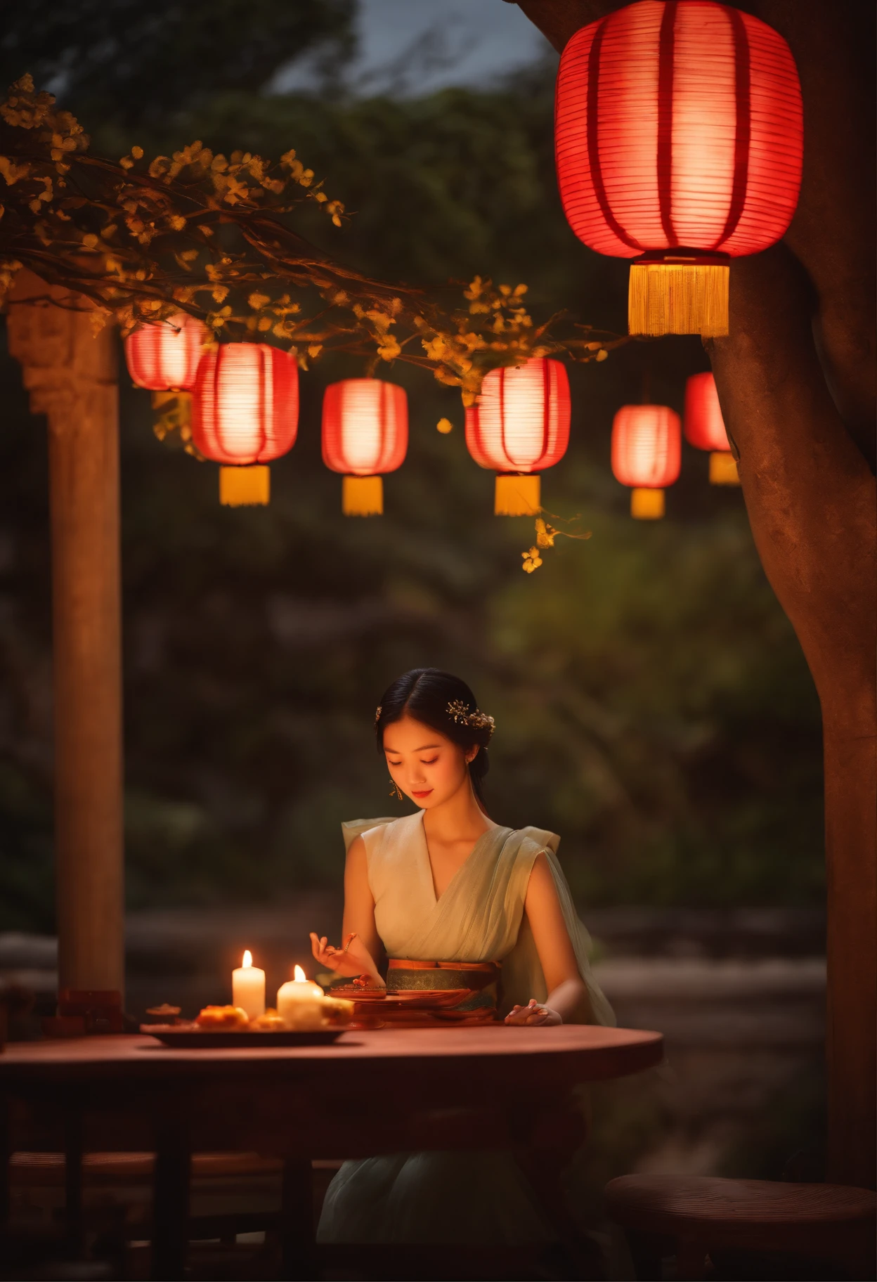 In the moonlit night, a girl is seated at a table enjoying mooncakes under a osmanthus tree. The ancient architecture is illuminated by the soft moonlight. The table is beautifully set with delicious mooncakes and a small figurine of Chang'e, the Moon Goddess. The girl's eyes reflect the enchanting moonlight as she indulges in the sweet treats. The scene is filled with a sense of tranquility and wonder. The intricate details of the osmanthus blossoms and the girl's attire are captured in ultra-high definition, depicting every delicate petal and embroidery. The colors are vivid and the lighting is carefully crafted to enhance the atmosphere. The image is of the highest quality, rendering it a masterpiece.