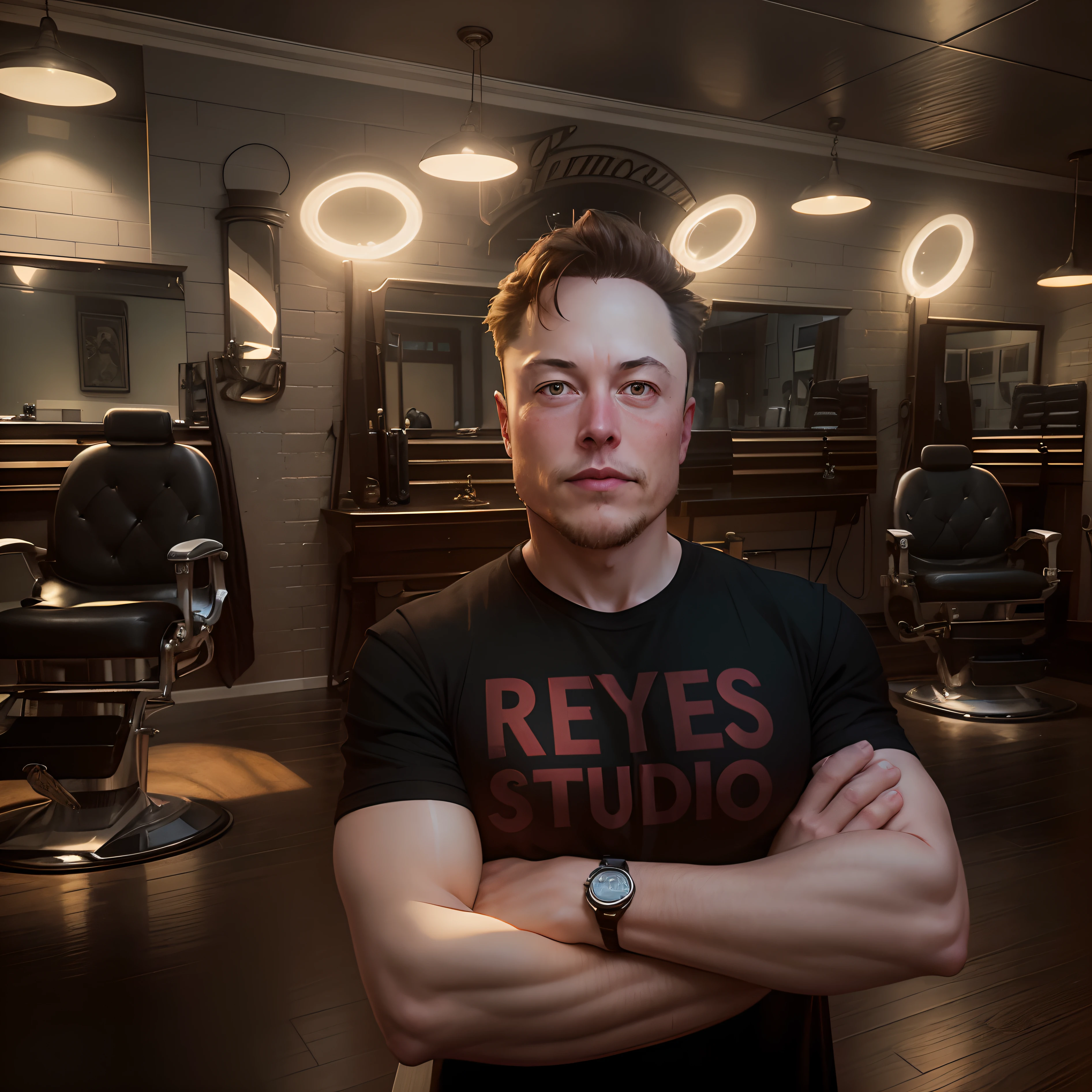 Generates a digital image of Elon Musk in a confident pose, with his arms crossed, wearing a black t-shirt with the inscription “REYES STUDIO” on the chest. The background of the scene must represent an authentic barbershop, with characteristic elements such as a classic vintage barber chair, antique mirrors, and traditional decoration details, epic realistic photography, hyperrealistic.
