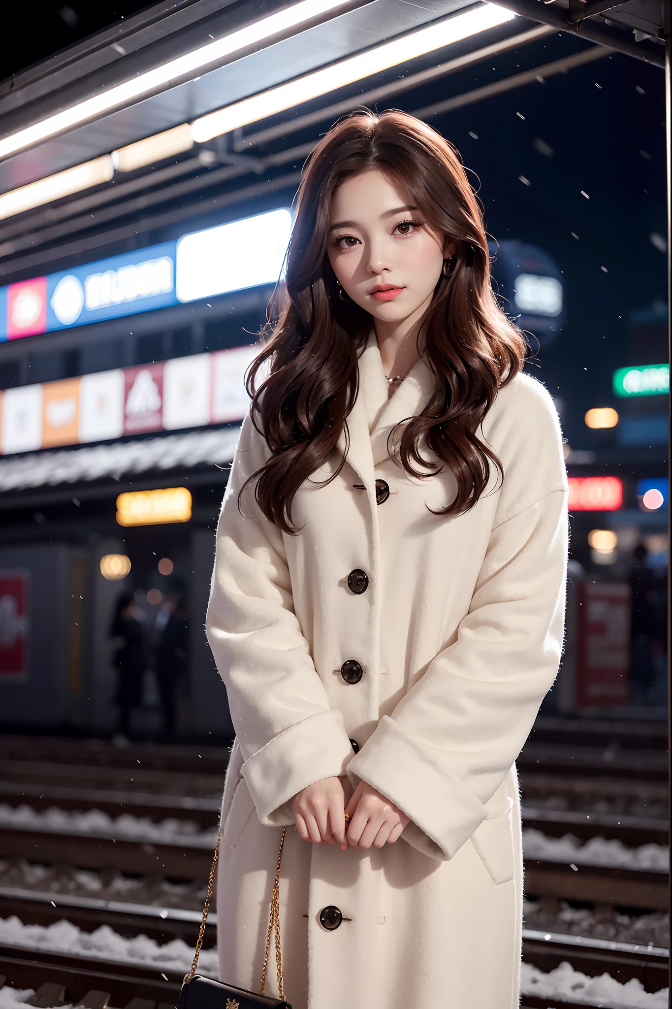 1womanl、in her early 20s、(A strong-willed super beauty)、(ultra beautiful faces)、putting makeup on、Wavy brown hair、Standing on the platform of a big city at night、It's snowing、The background is a fixed train、Shallow depth of field